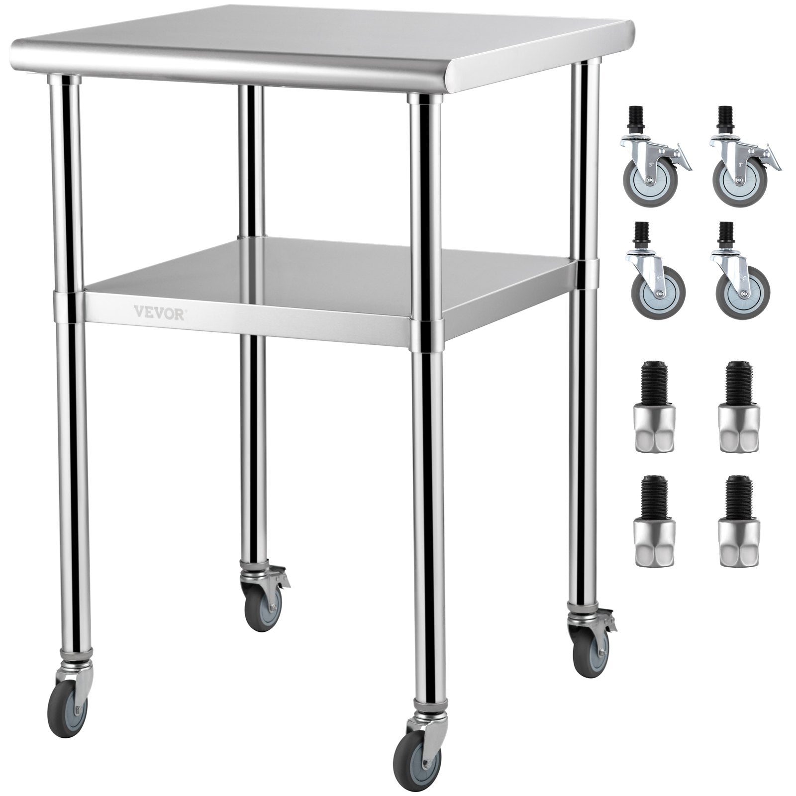 Kitchen Sinks: VEVOR Stainless Steel Prep Table, 61 x 61 x 91.4 cm, 600lbs Load Capacity Heavy Duty Metal Worktable with Adjustable Undershelf & Universal Wheels, Commercial Workstation for Kitchen Garage Backyard