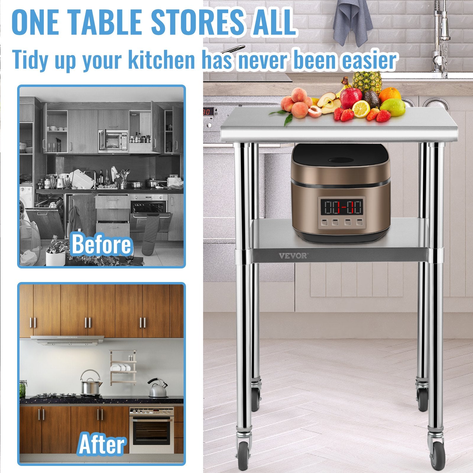 Kitchen Sinks: VEVOR Stainless Steel Prep Table, 61 x 61 x 91.4 cm, 600lbs Load Capacity Heavy Duty Metal Worktable with Adjustable Undershelf & Universal Wheels, Commercial Workstation for Kitchen Garage Backyard