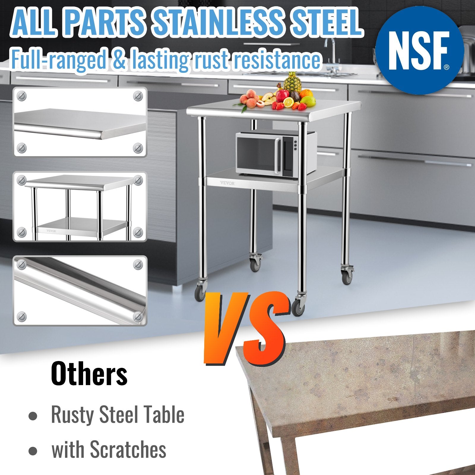 Kitchen Sinks: VEVOR Stainless Steel Prep Table, 61 x 61 x 91.4 cm, 600lbs Load Capacity Heavy Duty Metal Worktable with Adjustable Undershelf & Universal Wheels, Commercial Workstation for Kitchen Garage Backyard