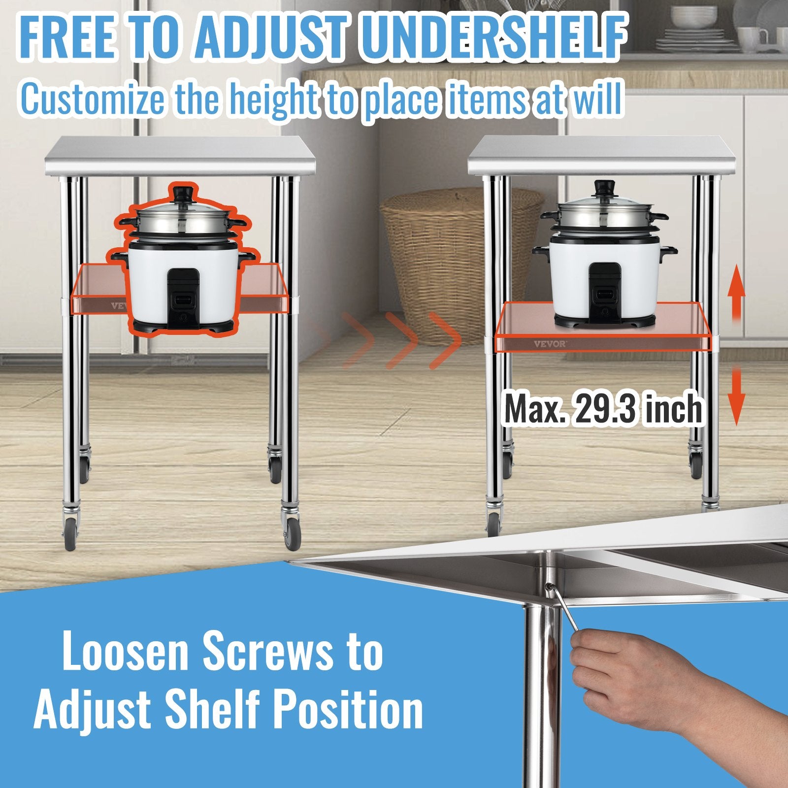 Kitchen Sinks: VEVOR Stainless Steel Prep Table, 61 x 61 x 91.4 cm, 600lbs Load Capacity Heavy Duty Metal Worktable with Adjustable Undershelf & Universal Wheels, Commercial Workstation for Kitchen Garage Backyard