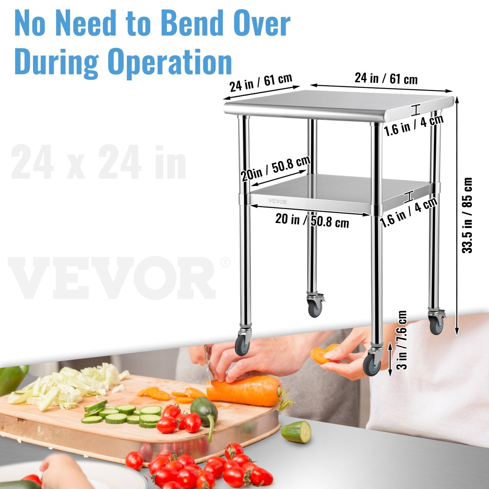Kitchen Sinks: VEVOR Stainless Steel Prep Table, 61 x 61 x 91.4 cm, 600lbs Load Capacity Heavy Duty Metal Worktable with Adjustable Undershelf & Universal Wheels, Commercial Workstation for Kitchen Garage Backyard