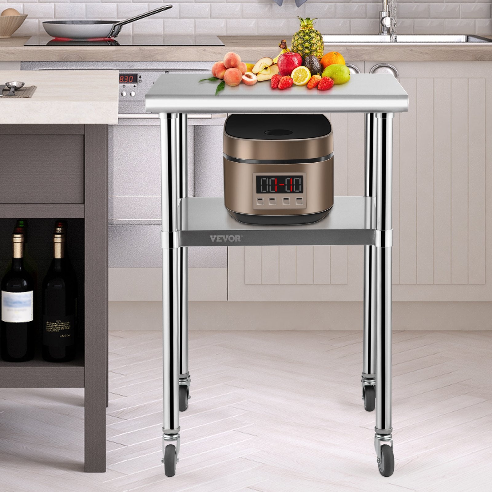Kitchen Sinks: VEVOR Stainless Steel Prep Table, 61 x 61 x 91.4 cm, 600lbs Load Capacity Heavy Duty Metal Worktable with Adjustable Undershelf & Universal Wheels, Commercial Workstation for Kitchen Garage Backyard