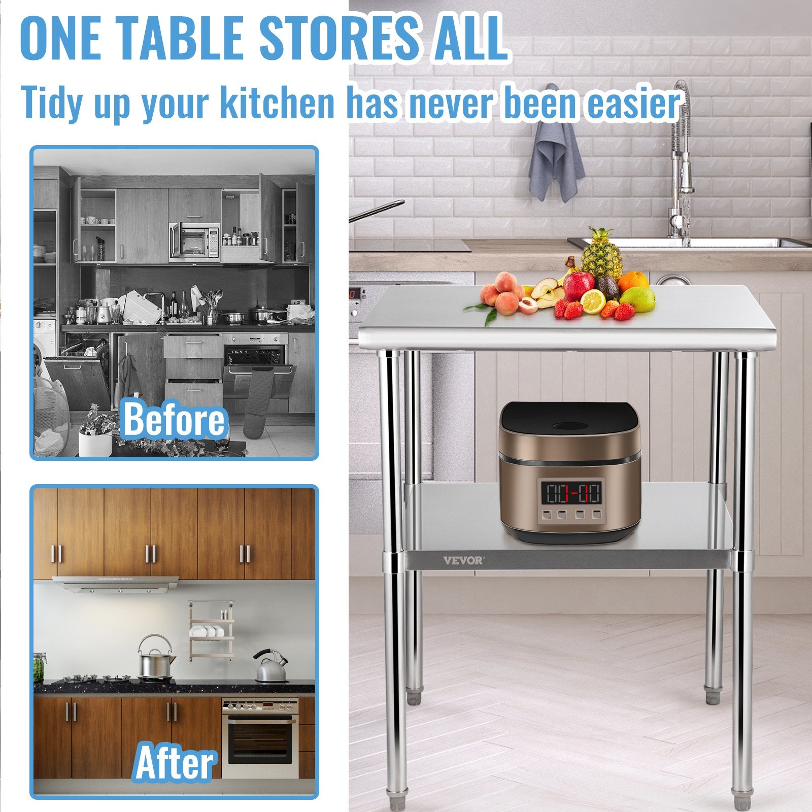 Food Warmers & Chafing Dishes: VEVOR Stainless Steel Work Prep Table Commercial Food Prep Table 30x30x36in
