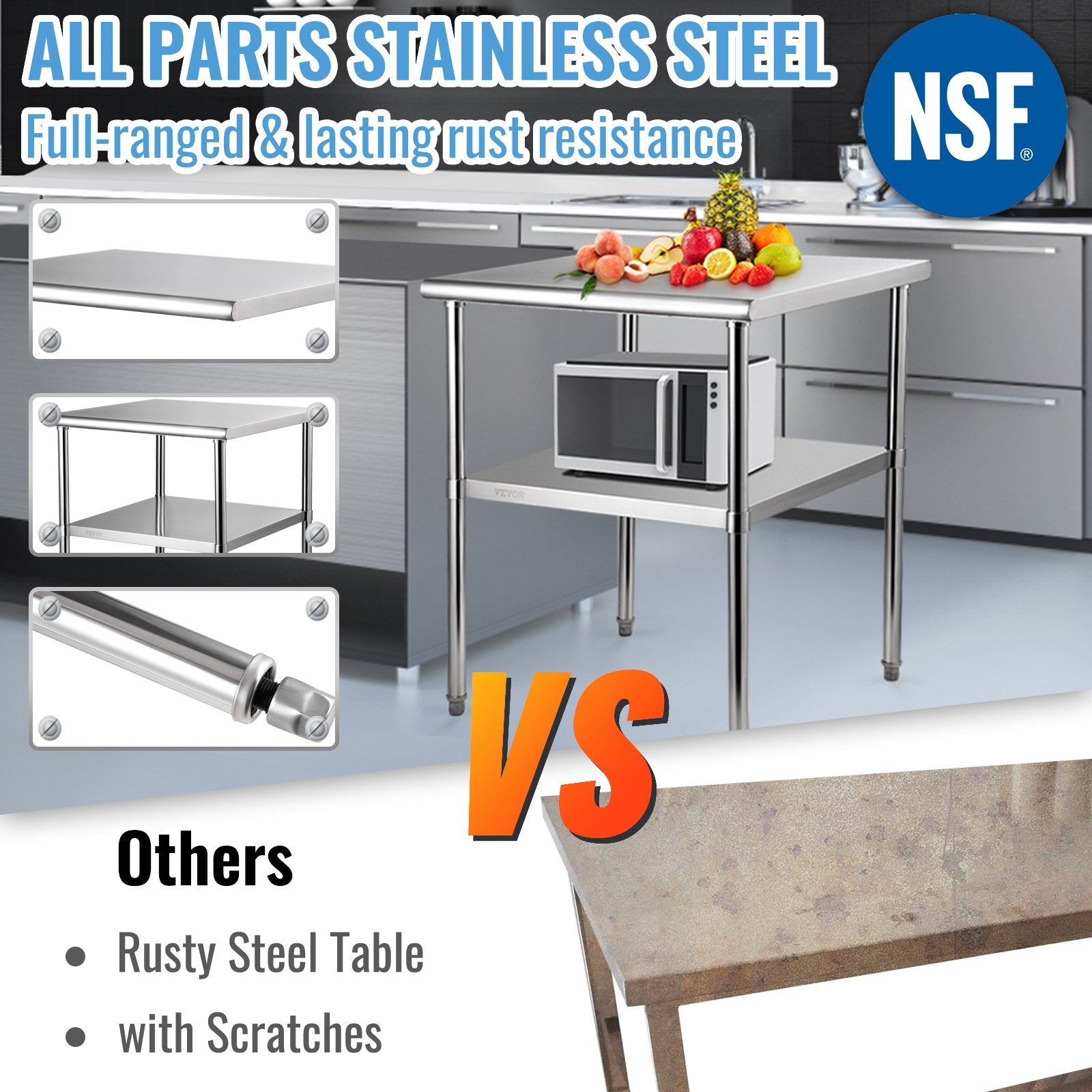 Food Warmers & Chafing Dishes: VEVOR Stainless Steel Work Prep Table Commercial Food Prep Table 30x30x36in