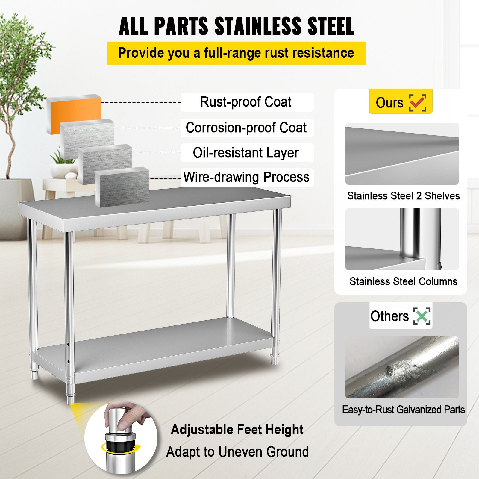 Audio Accessories: VEVOR Stainless Steel Prep Table, 122 x 46 x 86 cm, 250kg Load Capacity Heavy Duty Metal Worktable with Adjustable Undershelf, Commercial Workstation for Kitchen Restaurant Garage Backyard