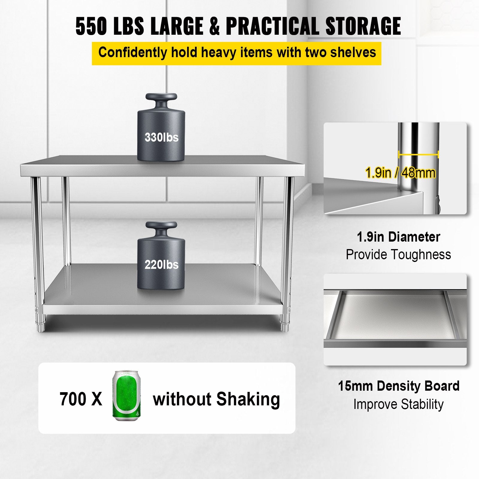 Audio Accessories: VEVOR Stainless Steel Prep Table, 122 x 46 x 86 cm, 250kg Load Capacity Heavy Duty Metal Worktable with Adjustable Undershelf, Commercial Workstation for Kitchen Restaurant Garage Backyard
