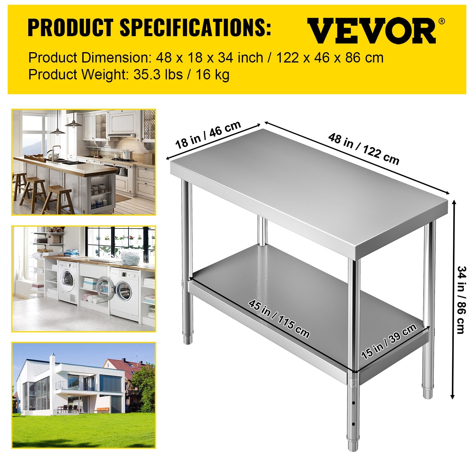 Audio Accessories: VEVOR Stainless Steel Prep Table, 122 x 46 x 86 cm, 250kg Load Capacity Heavy Duty Metal Worktable with Adjustable Undershelf, Commercial Workstation for Kitchen Restaurant Garage Backyard