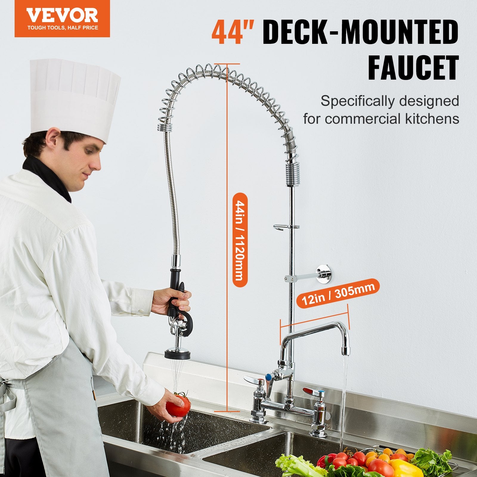 Audio Players & Recorders: VEVOR Commercial Faucet with Pre-Rinse Sprayer, 44" Height, 8" Center, 12" Swing Spout, Deck Mount Kitchen Sink Faucet, Brass Constructed Device with Pull Down Spray, for 1/2/3 Compartment Sink