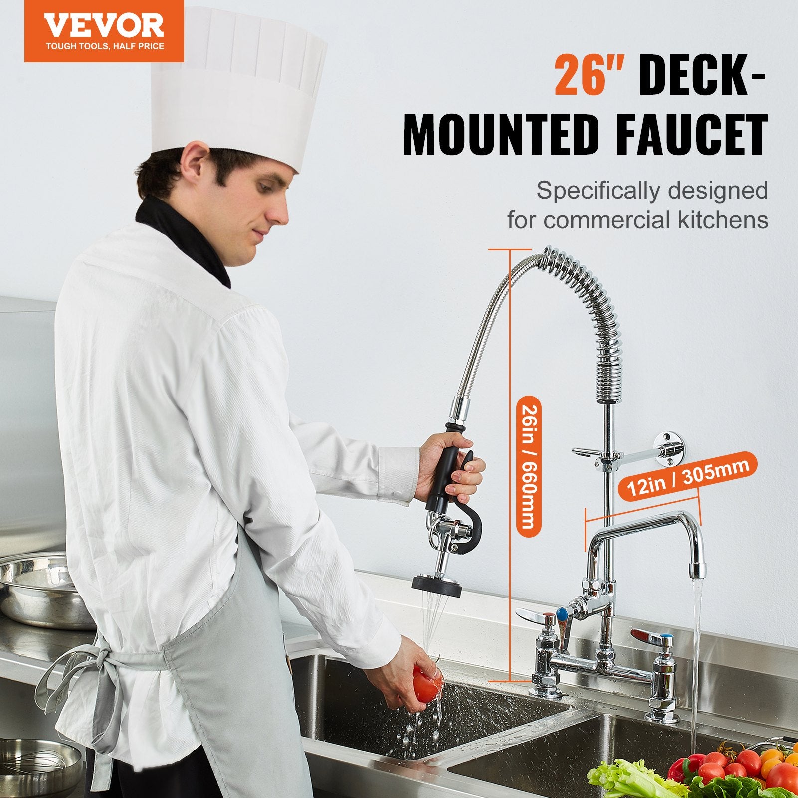 Kitchen & Bathroom DIY: VEVOR Commercial Faucet with Pre-Rinse Sprayer, 26" Height, 8" Center, 12" Swing Spout, Deck Mount Kitchen Sink Faucet, Brass Constructed Device with Pull Down Spray, for 1/2/3 Compartment Sink