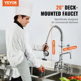 Kitchen & Bathroom DIY: VEVOR Commercial Faucet with Pre-Rinse Sprayer, 26" Height, 8" Center, 12" Swing Spout, Deck Mount Kitchen Sink Faucet, Brass Constructed Device with Pull Down Spray, for 1/2/3 Compartment Sink