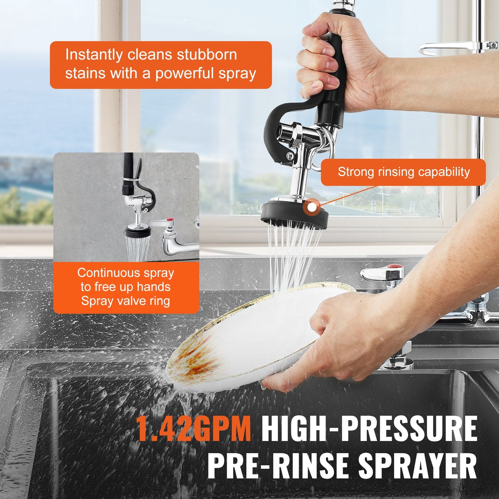 Kitchen & Bathroom DIY: VEVOR Commercial Faucet with Pre-Rinse Sprayer, 26" Height, 8" Center, 12" Swing Spout, Deck Mount Kitchen Sink Faucet, Brass Constructed Device with Pull Down Spray, for 1/2/3 Compartment Sink