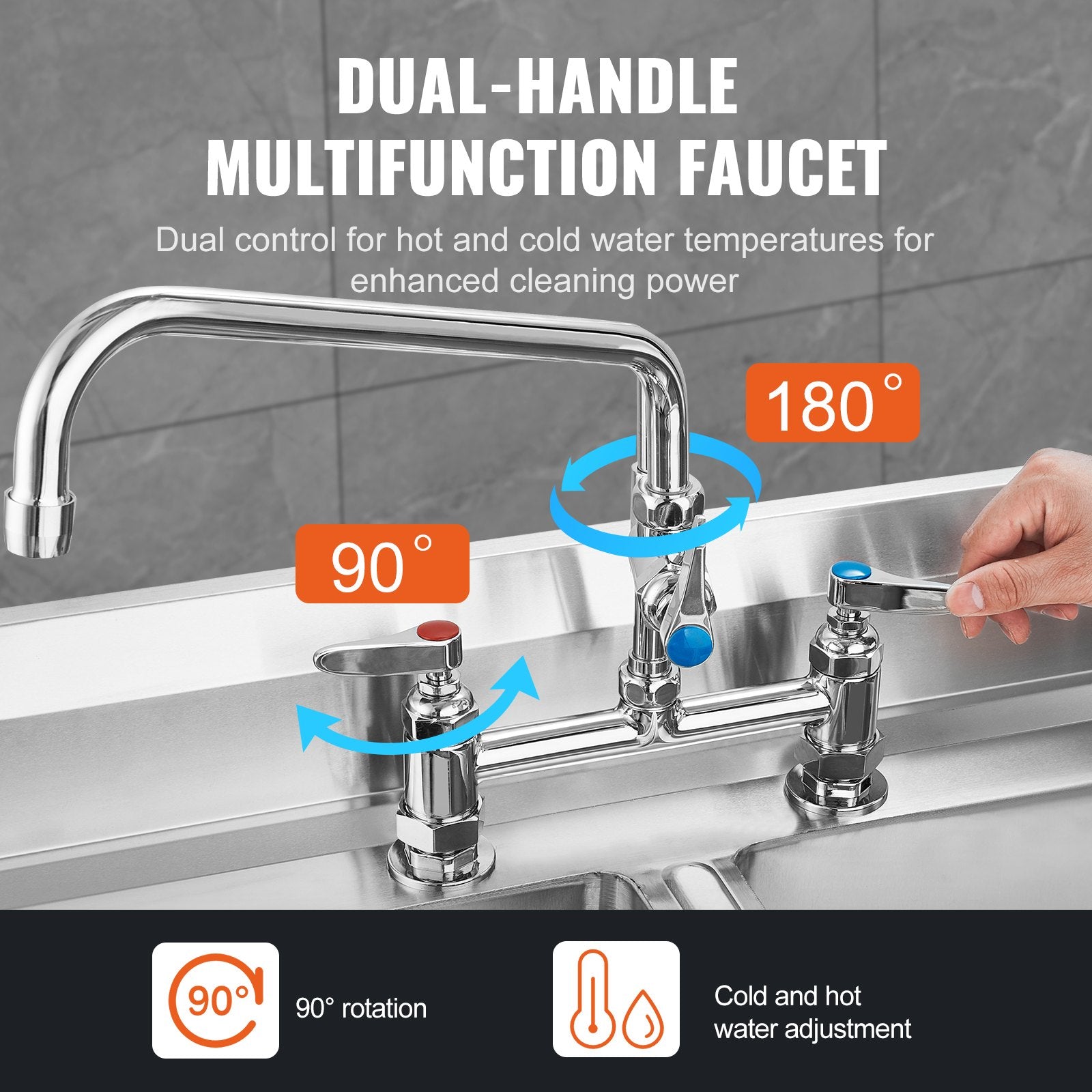 Kitchen & Bathroom DIY: VEVOR Commercial Faucet with Pre-Rinse Sprayer, 26" Height, 8" Center, 12" Swing Spout, Deck Mount Kitchen Sink Faucet, Brass Constructed Device with Pull Down Spray, for 1/2/3 Compartment Sink