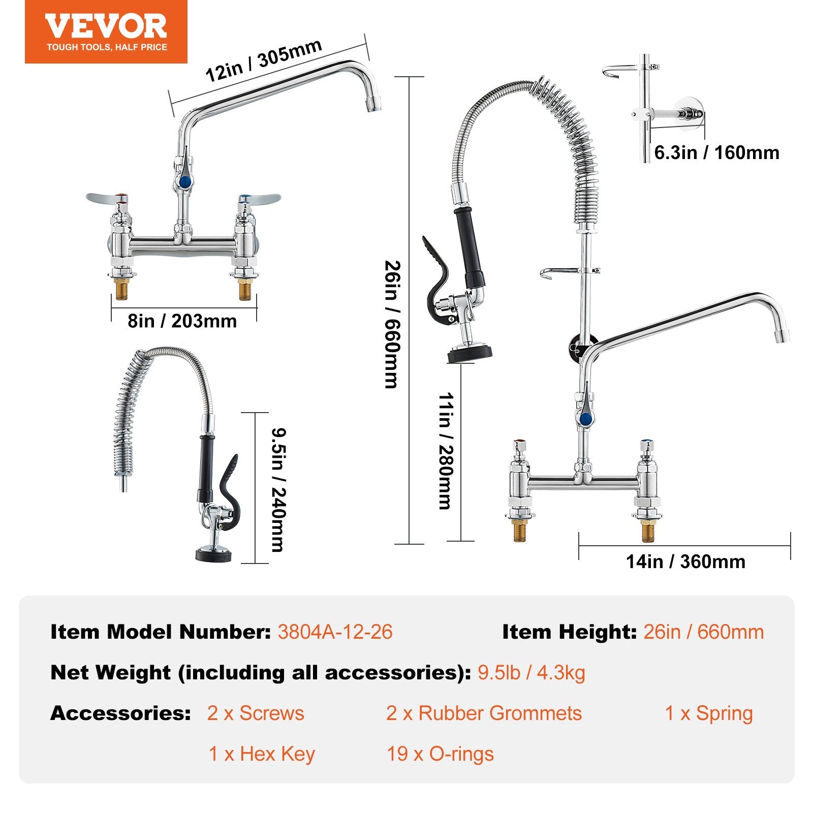 Kitchen & Bathroom DIY: VEVOR Commercial Faucet with Pre-Rinse Sprayer, 26" Height, 8" Center, 12" Swing Spout, Deck Mount Kitchen Sink Faucet, Brass Constructed Device with Pull Down Spray, for 1/2/3 Compartment Sink