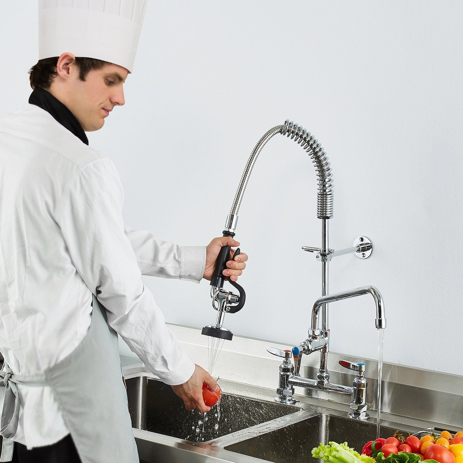 Kitchen & Bathroom DIY: VEVOR Commercial Faucet with Pre-Rinse Sprayer, 26" Height, 8" Center, 12" Swing Spout, Deck Mount Kitchen Sink Faucet, Brass Constructed Device with Pull Down Spray, for 1/2/3 Compartment Sink