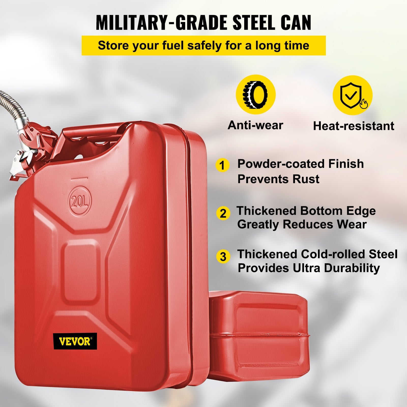 Jerry Fuel Can, 20 L Portable Jerry Gas Can with Flexible Spout System, Rustproof ＆ Heat-resistant Steel Fuel Tank for Cars Trucks Equipment, 2PCS Red