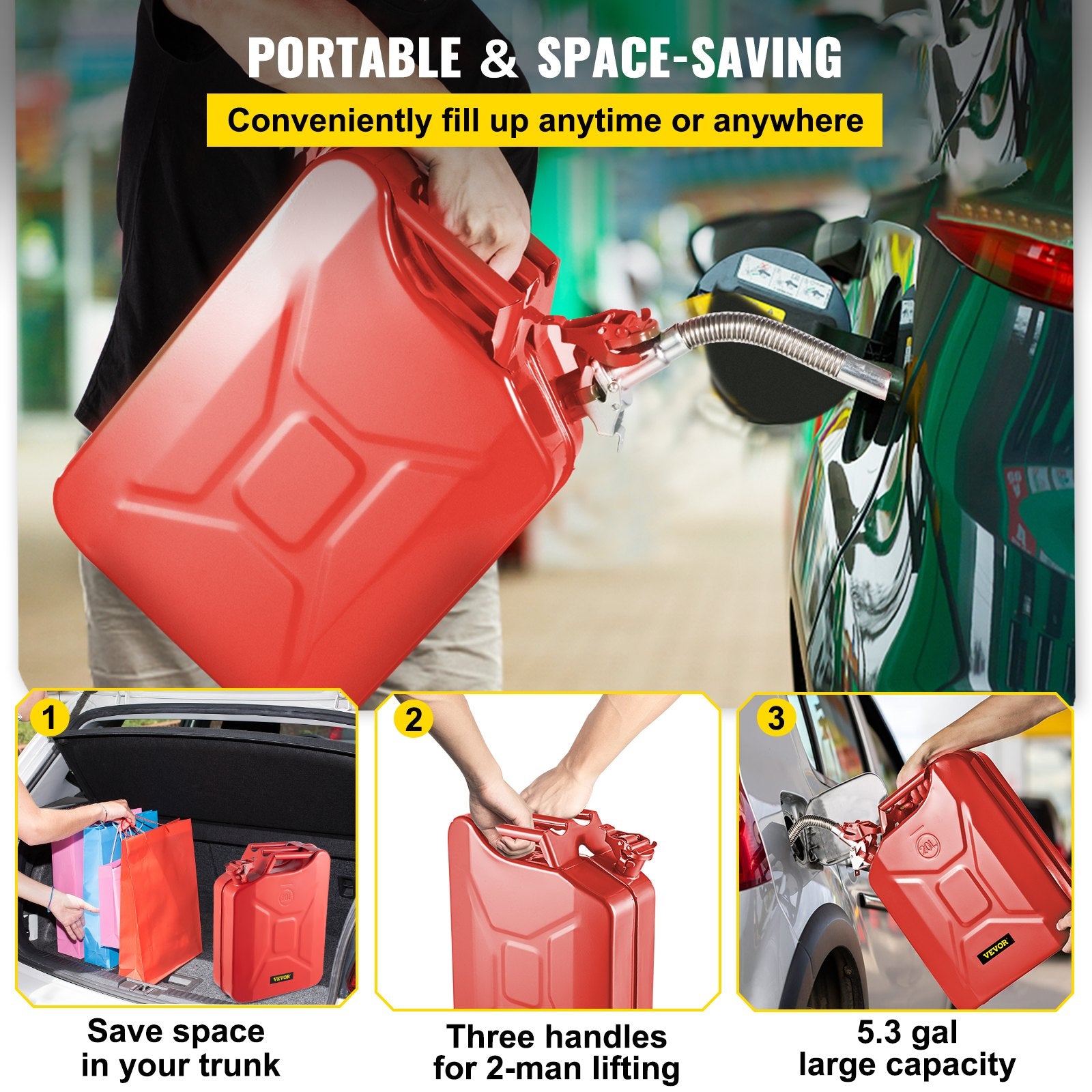 Jerry Fuel Can, 20 L Portable Jerry Gas Can with Flexible Spout System, Rustproof ＆ Heat-resistant Steel Fuel Tank for Cars Trucks Equipment, 2PCS Red