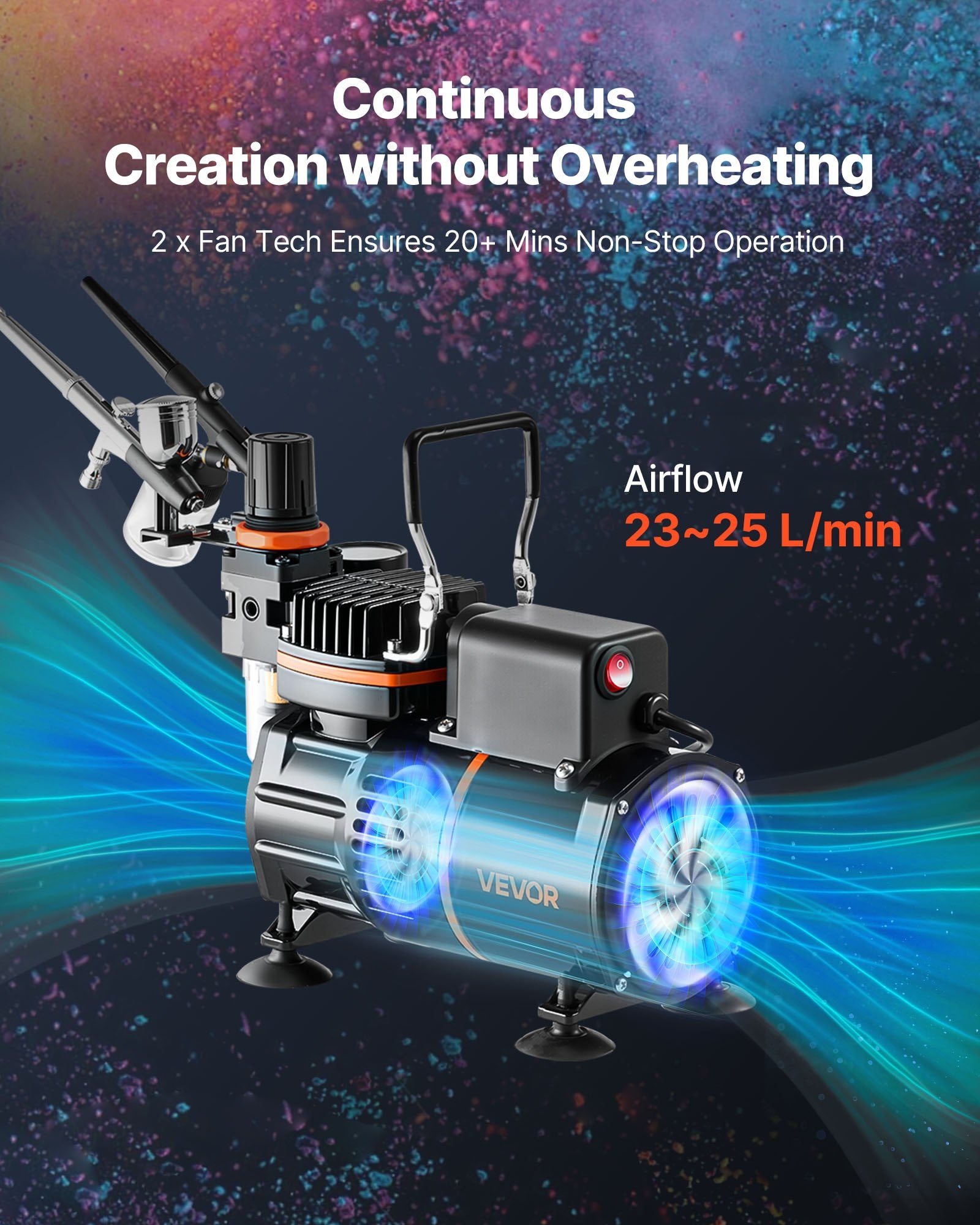Massage Chairs: VEVOR Airbrush Kit, 1/6 HP, Air Brush Kit with Air Compressor, 3 Dual-Action Professional Airbrushes with 3 Tips, Hose, Acrylic Paint, 2 Fans, Low Noise, for Cake Decorating, Model Painting, Nail Art