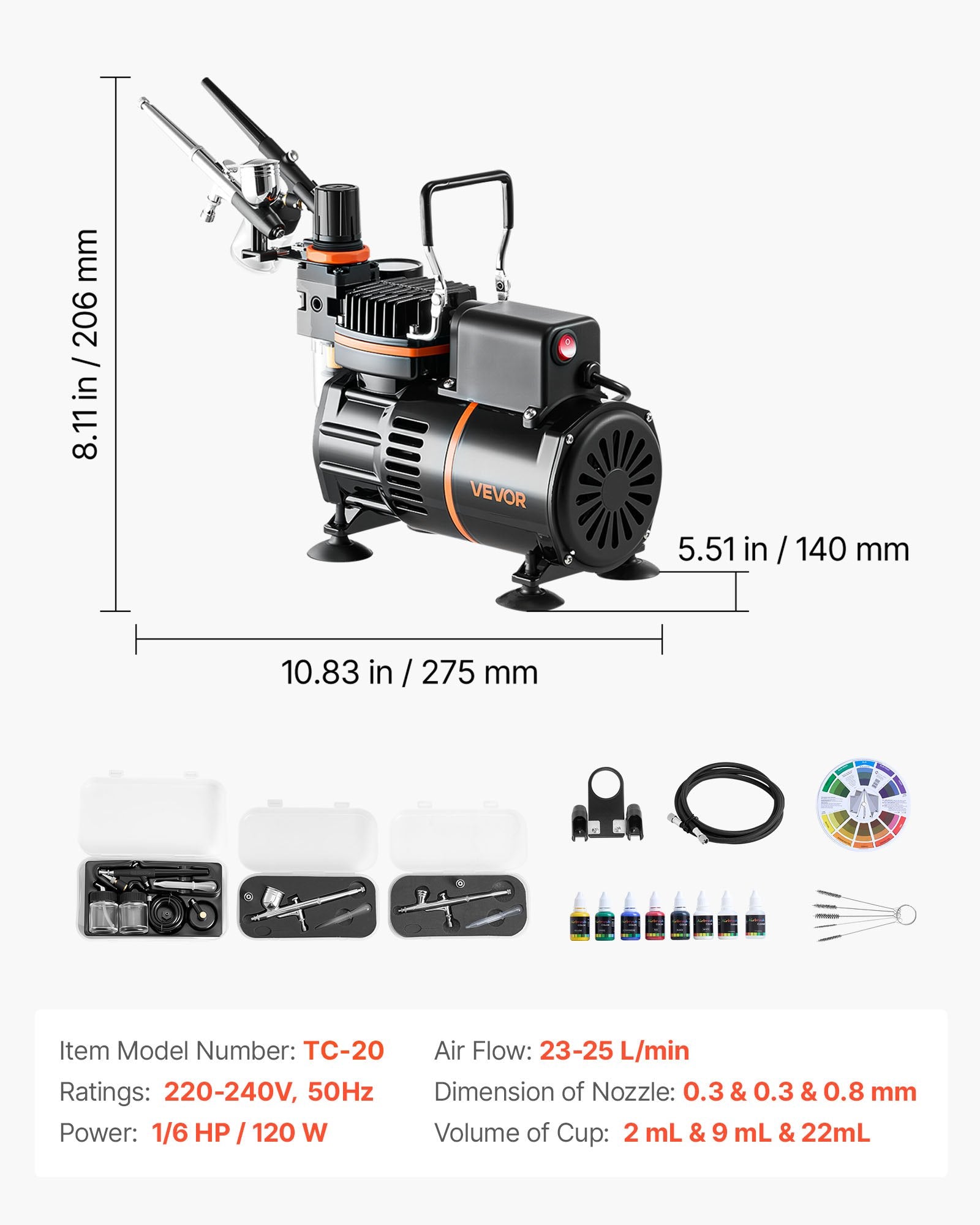 Massage Chairs: VEVOR Airbrush Kit, 1/6 HP, Air Brush Kit with Air Compressor, 3 Dual-Action Professional Airbrushes with 3 Tips, Hose, Acrylic Paint, 2 Fans, Low Noise, for Cake Decorating, Model Painting, Nail Art