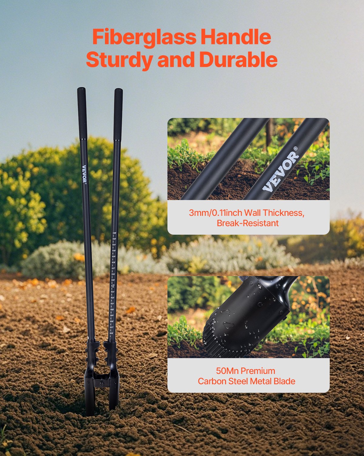 Outdoor Play Equipment: VEVOR Post Hole Digger, Heavy Duty Post Hole Digger with Fiberglass Handle, Manual Hole Digger with Scale Markings and Metal Blade, Post Hole Digger Tool for Digging Gardening and Outdoors, 1460 mm