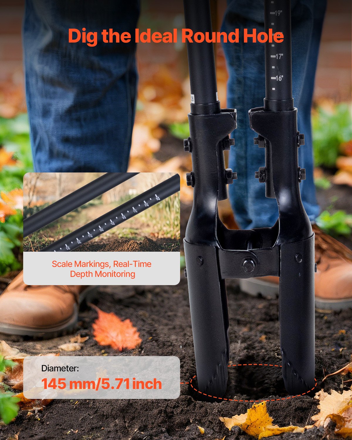 Outdoor Play Equipment: VEVOR Post Hole Digger, Heavy Duty Post Hole Digger with Fiberglass Handle, Manual Hole Digger with Scale Markings and Metal Blade, Post Hole Digger Tool for Digging Gardening and Outdoors, 1460 mm
