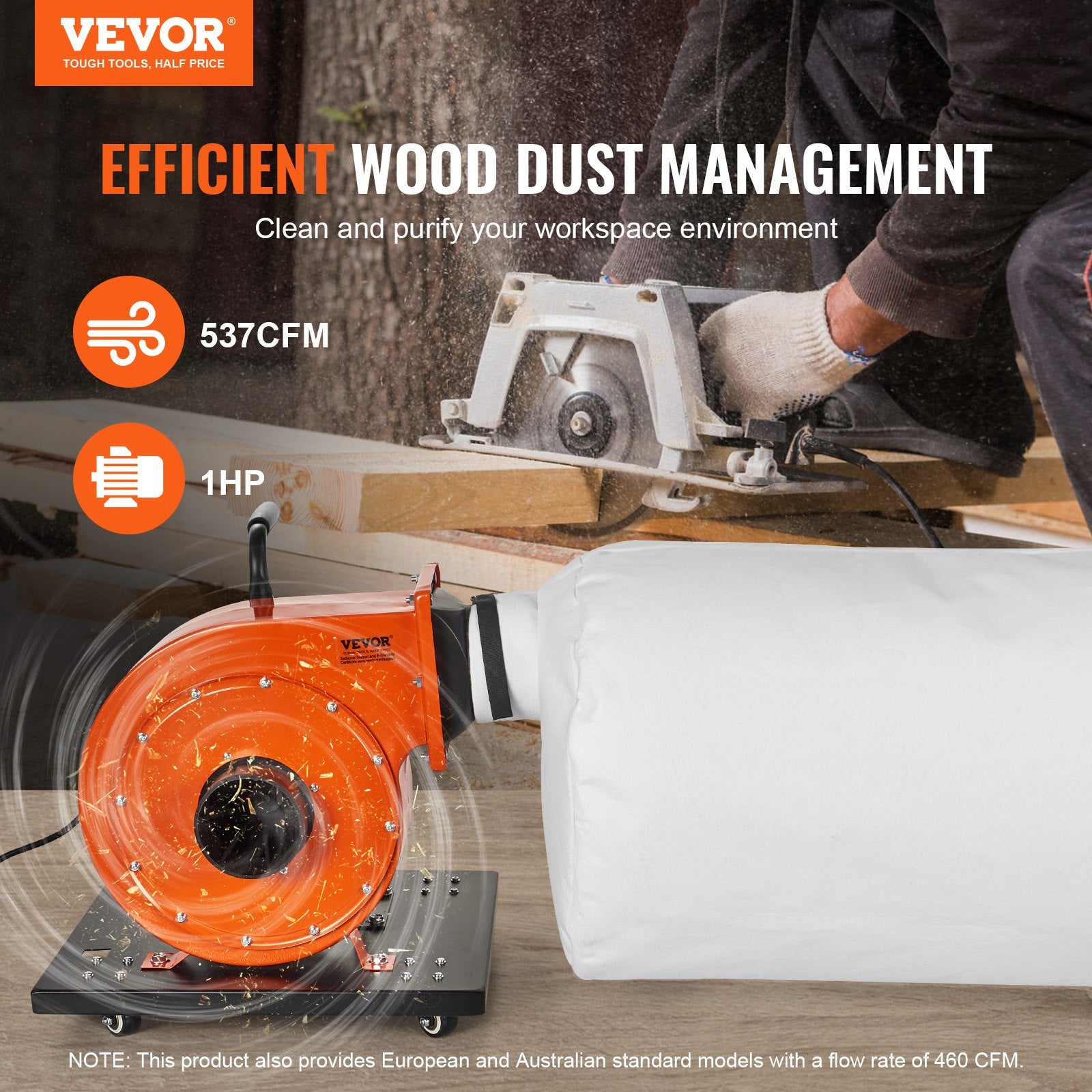 Dust Collector, 1HP 460 CFM Air Flow, Rolling Dust Collector with 80L Large Dust Collection Bag, 2.5 Micron Bag Filtration, Industrial Workshop Mobile Wood Dust Container with Handle and Wheels