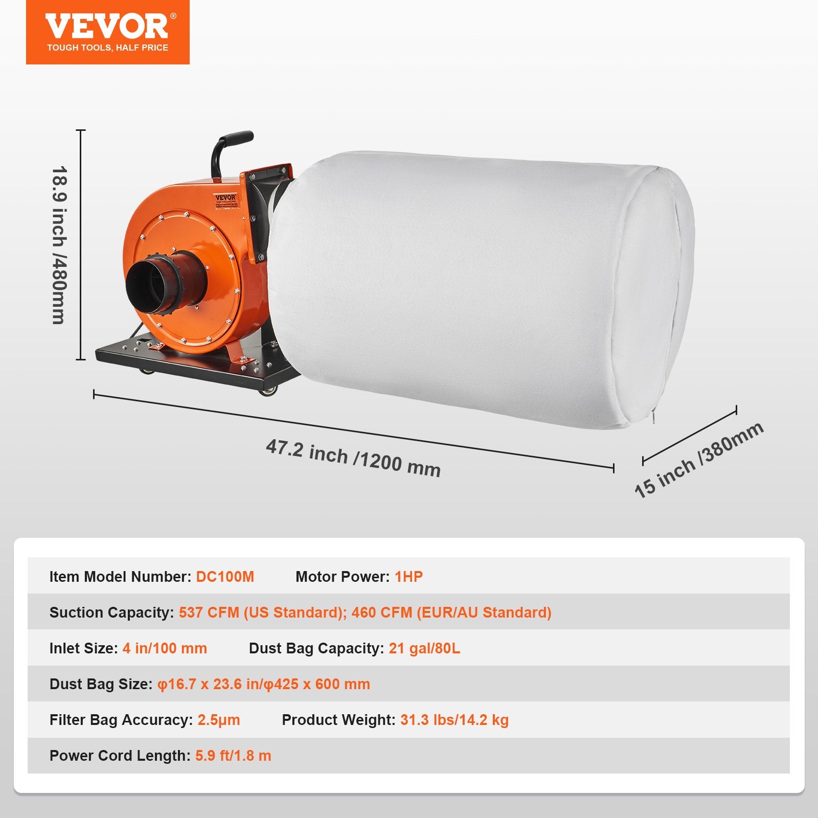 Dust Collector, 1HP 460 CFM Air Flow, Rolling Dust Collector with 80L Large Dust Collection Bag, 2.5 Micron Bag Filtration, Industrial Workshop Mobile Wood Dust Container with Handle and Wheels