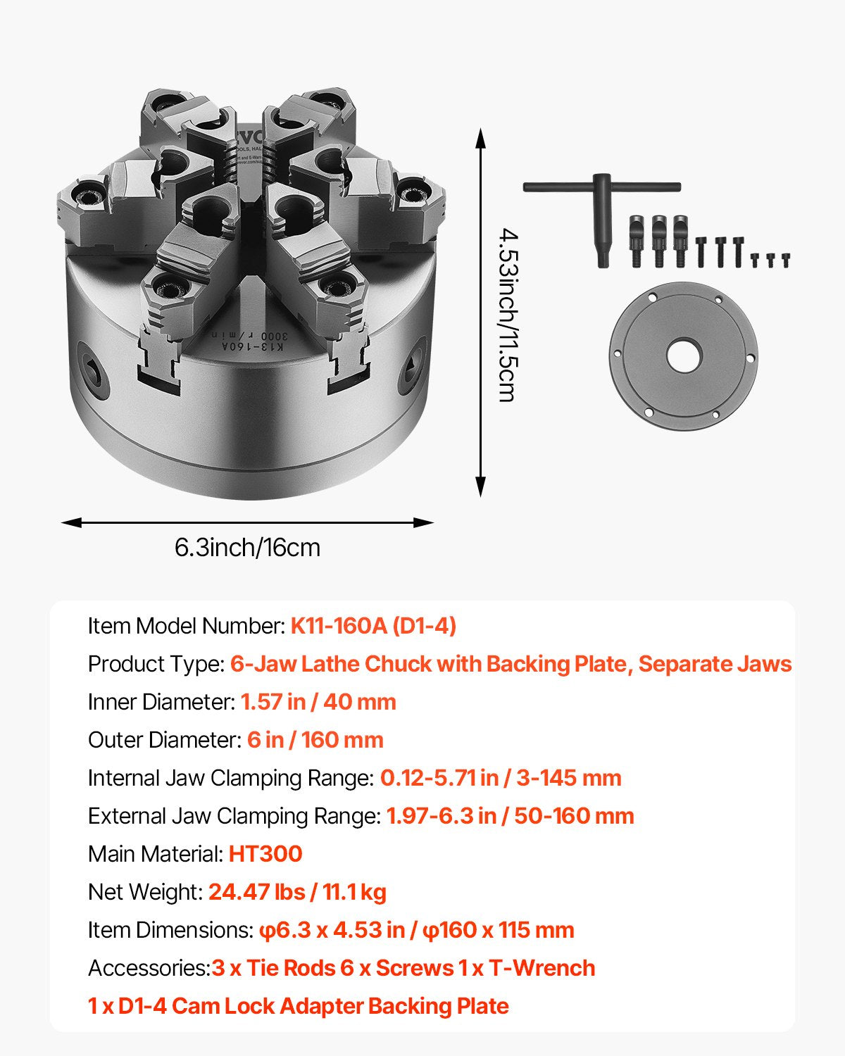 Tool Sockets: VEVOR 6-Jaw Lathe Chuck, 6 Inch (160 mm), Self-Centering Chuck with D1-4 Cam Lock Backing Plate, 0.12-5.71 in (3-145 mm) Clamping Range with T-wrench Screws, HT300 Material, for Wood Metal Lathe