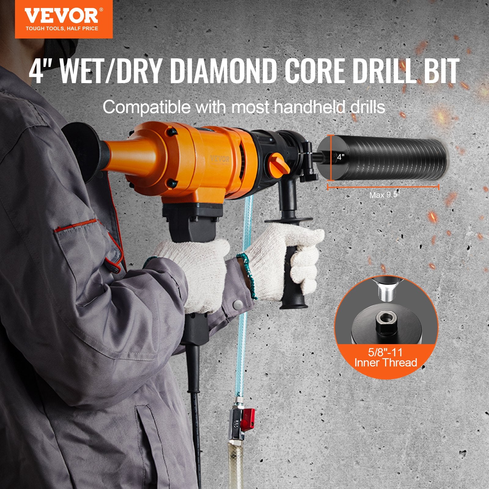 Drill & Screwdriver Accessories: VEVOR Core Drill Bit, 4" Wet/Dry Diamond Core Drill Bits for Brick and Block, Concrete Core Drill Bit with Pilot Bit Adapter and Saw Blade, 9.5" Drilling Depth, 5/8"-11 Inner Thread, Laser Welding