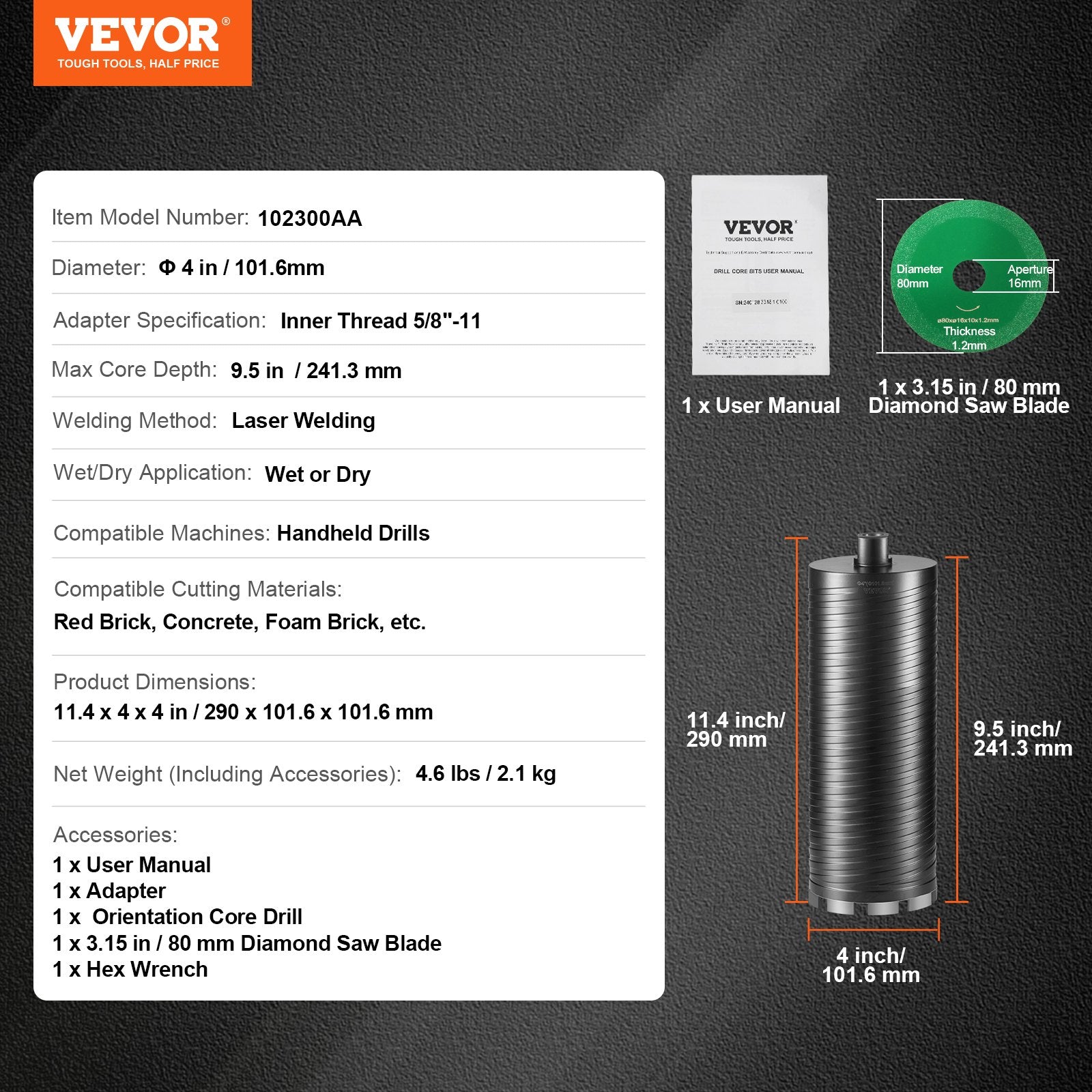 Drill & Screwdriver Accessories: VEVOR Core Drill Bit, 4" Wet/Dry Diamond Core Drill Bits for Brick and Block, Concrete Core Drill Bit with Pilot Bit Adapter and Saw Blade, 9.5" Drilling Depth, 5/8"-11 Inner Thread, Laser Welding