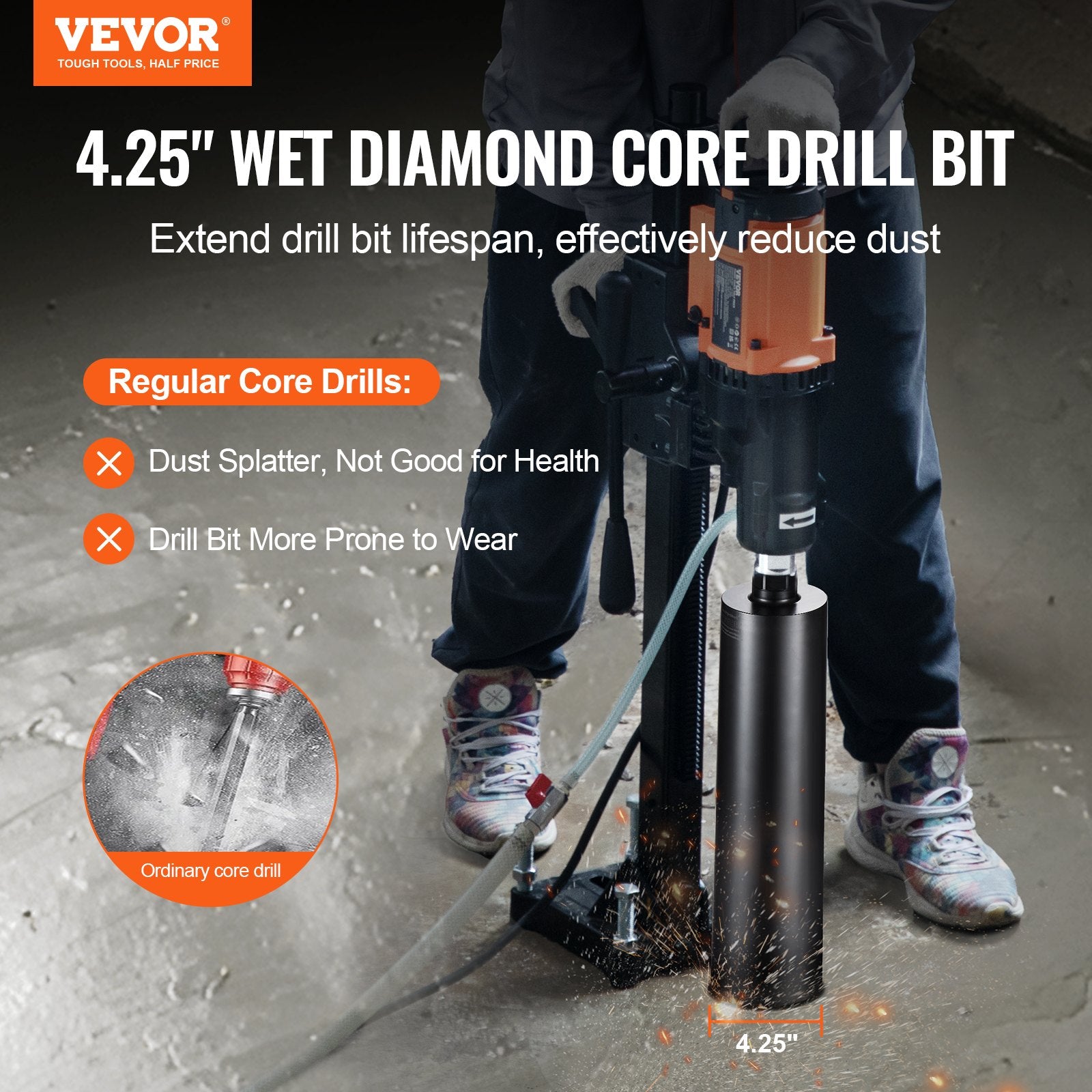 Drill & Screwdriver Accessories: VEVOR Core Drill Bit, 4.25" Wet Diamond Core Drill Bits, 14" Drilling Depth Concrete Core Drill Bit with Saw Blade, 1-1/4"-7 Inner Thread, Laser Welding, Diamond Wet Coring Bit for Concrete Brick