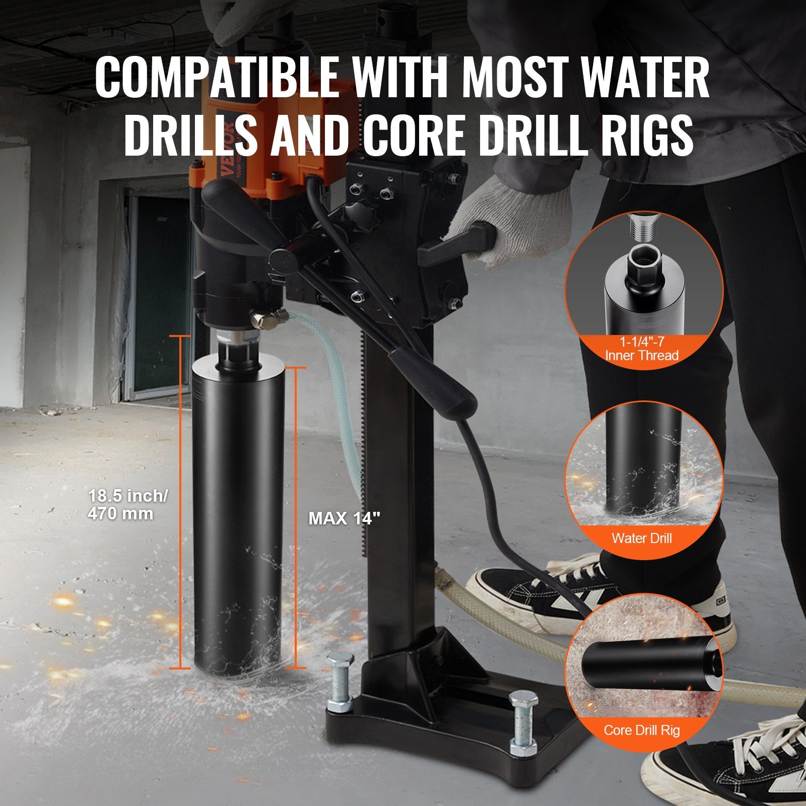 Drill & Screwdriver Accessories: VEVOR Core Drill Bit, 4.25" Wet Diamond Core Drill Bits, 14" Drilling Depth Concrete Core Drill Bit with Saw Blade, 1-1/4"-7 Inner Thread, Laser Welding, Diamond Wet Coring Bit for Concrete Brick