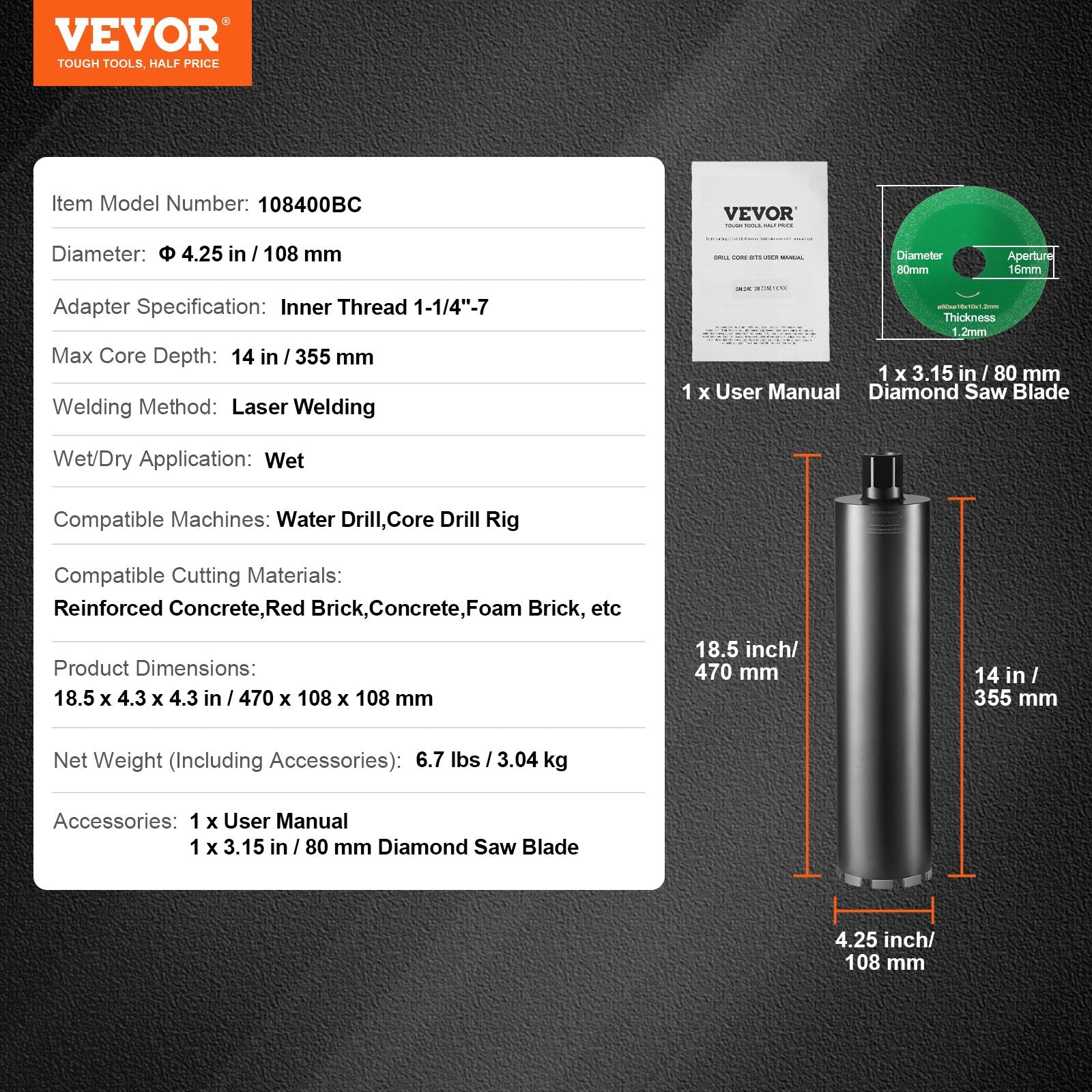 Drill & Screwdriver Accessories: VEVOR Core Drill Bit, 4.25" Wet Diamond Core Drill Bits, 14" Drilling Depth Concrete Core Drill Bit with Saw Blade, 1-1/4"-7 Inner Thread, Laser Welding, Diamond Wet Coring Bit for Concrete Brick