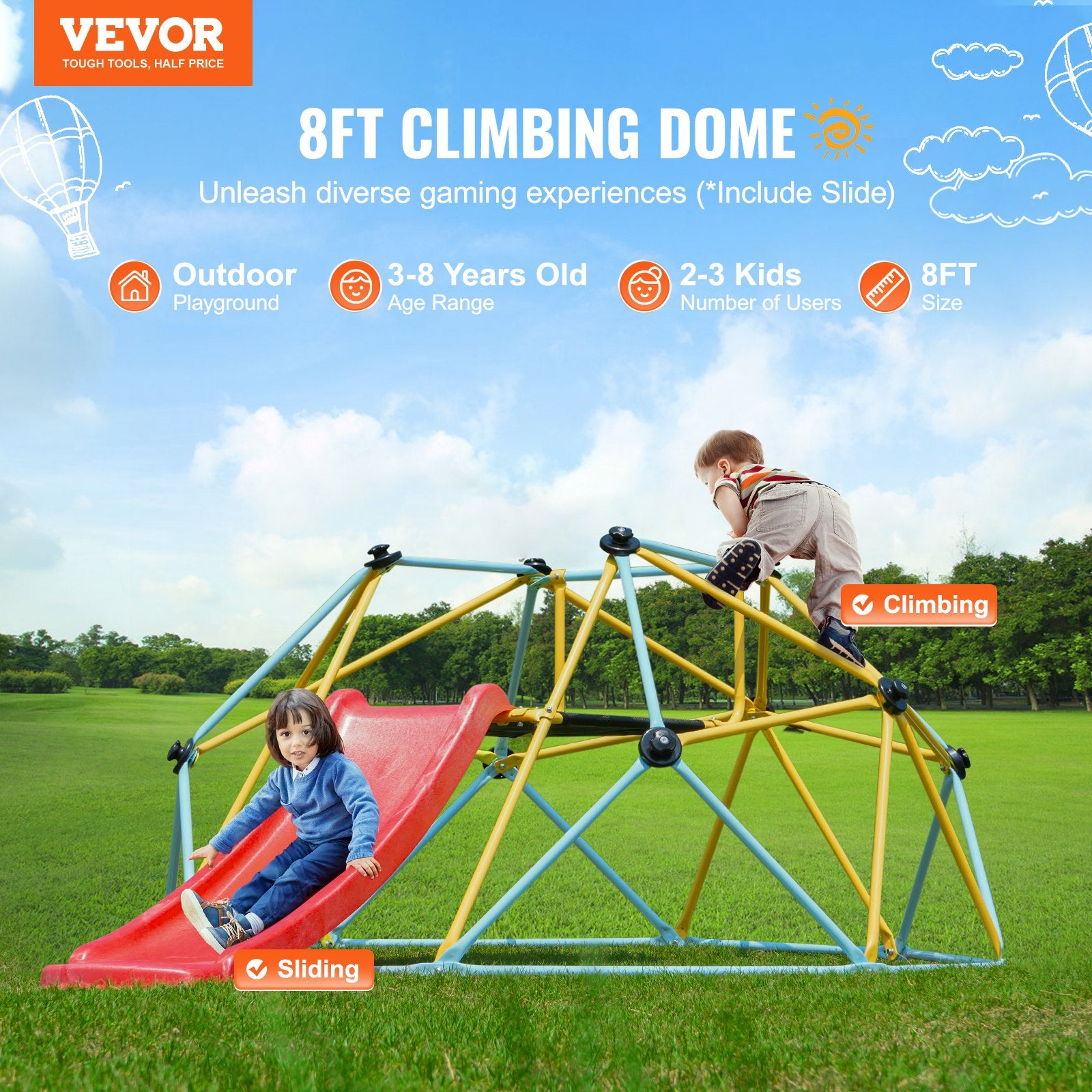 Outdoor Play Equipment: VEVOR Climbing Dome, 8FT Geometric Dome Climber with Slide, for Kids 3 to 9 Years Old, Jungle Gym Supports 600LBS and Easy Assembly, with Climbing Grip, Outdoor and Indoor Play Equipment for Kids