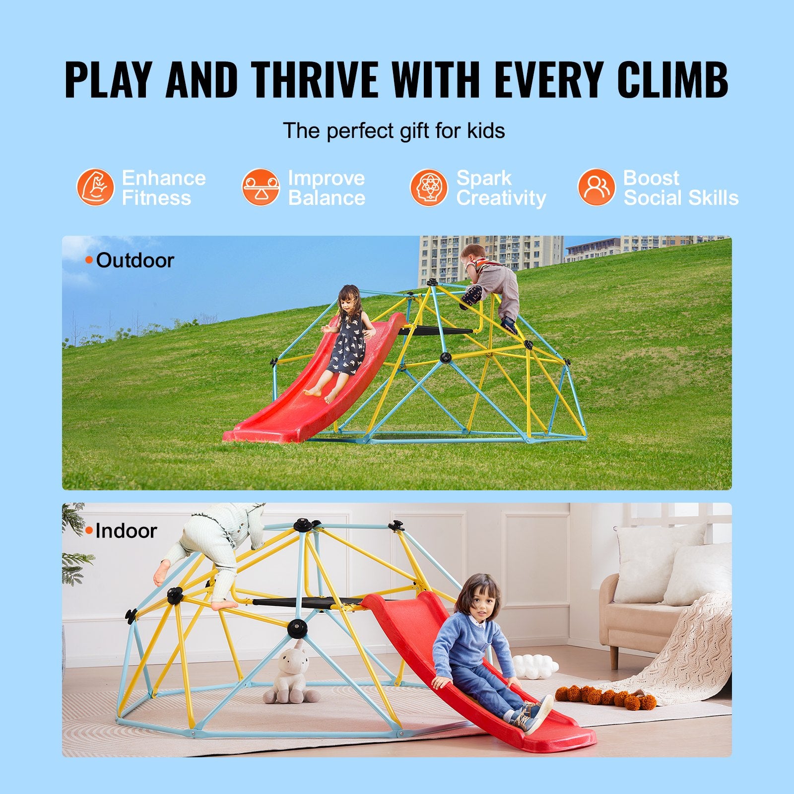 Outdoor Play Equipment: VEVOR Climbing Dome, 8FT Geometric Dome Climber with Slide, for Kids 3 to 9 Years Old, Jungle Gym Supports 600LBS and Easy Assembly, with Climbing Grip, Outdoor and Indoor Play Equipment for Kids
