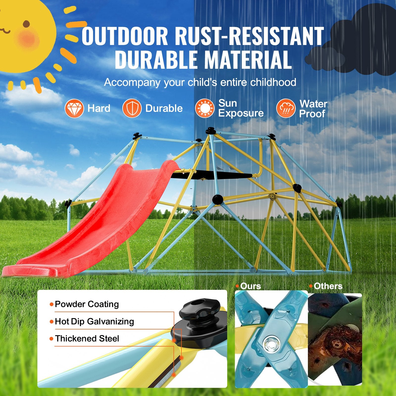 Outdoor Play Equipment: VEVOR Climbing Dome, 8FT Geometric Dome Climber with Slide, for Kids 3 to 9 Years Old, Jungle Gym Supports 600LBS and Easy Assembly, with Climbing Grip, Outdoor and Indoor Play Equipment for Kids