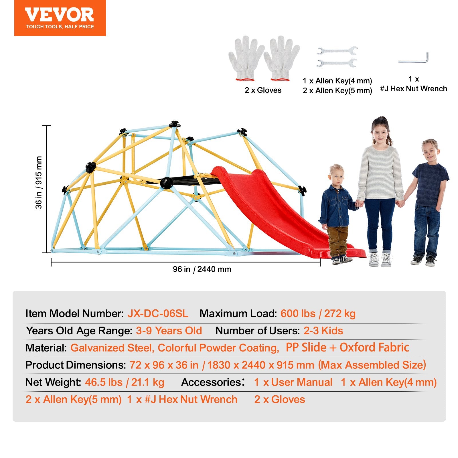 Outdoor Play Equipment: VEVOR Climbing Dome, 8FT Geometric Dome Climber with Slide, for Kids 3 to 9 Years Old, Jungle Gym Supports 600LBS and Easy Assembly, with Climbing Grip, Outdoor and Indoor Play Equipment for Kids