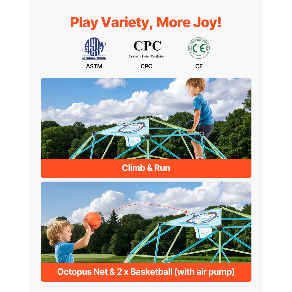 Climbing Dome, 305cm Geometric Dome Climber for Kids, 453kg Loading Jungle Gym Playground with Octopus Net & 2 Basketballs, Easy-Assembly Outdoor Backyard Climbing Toys - Gift for Boys Girls