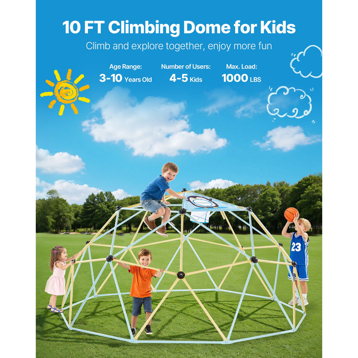 Climbing Dome, 305cm Geometric Dome Climber, 453kg Loading Jungle Gym Playground with 2 Basketballs & Octopus Net, Easy-Assembly Outdoor Backyard Climbing Equipment for Kids 3 to 10 Years Old