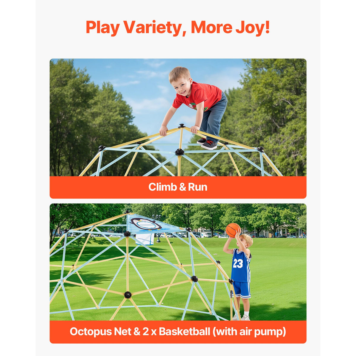 Climbing Dome, 305cm Geometric Dome Climber, 453kg Loading Jungle Gym Playground with 2 Basketballs & Octopus Net, Easy-Assembly Outdoor Backyard Climbing Equipment for Kids 3 to 10 Years Old