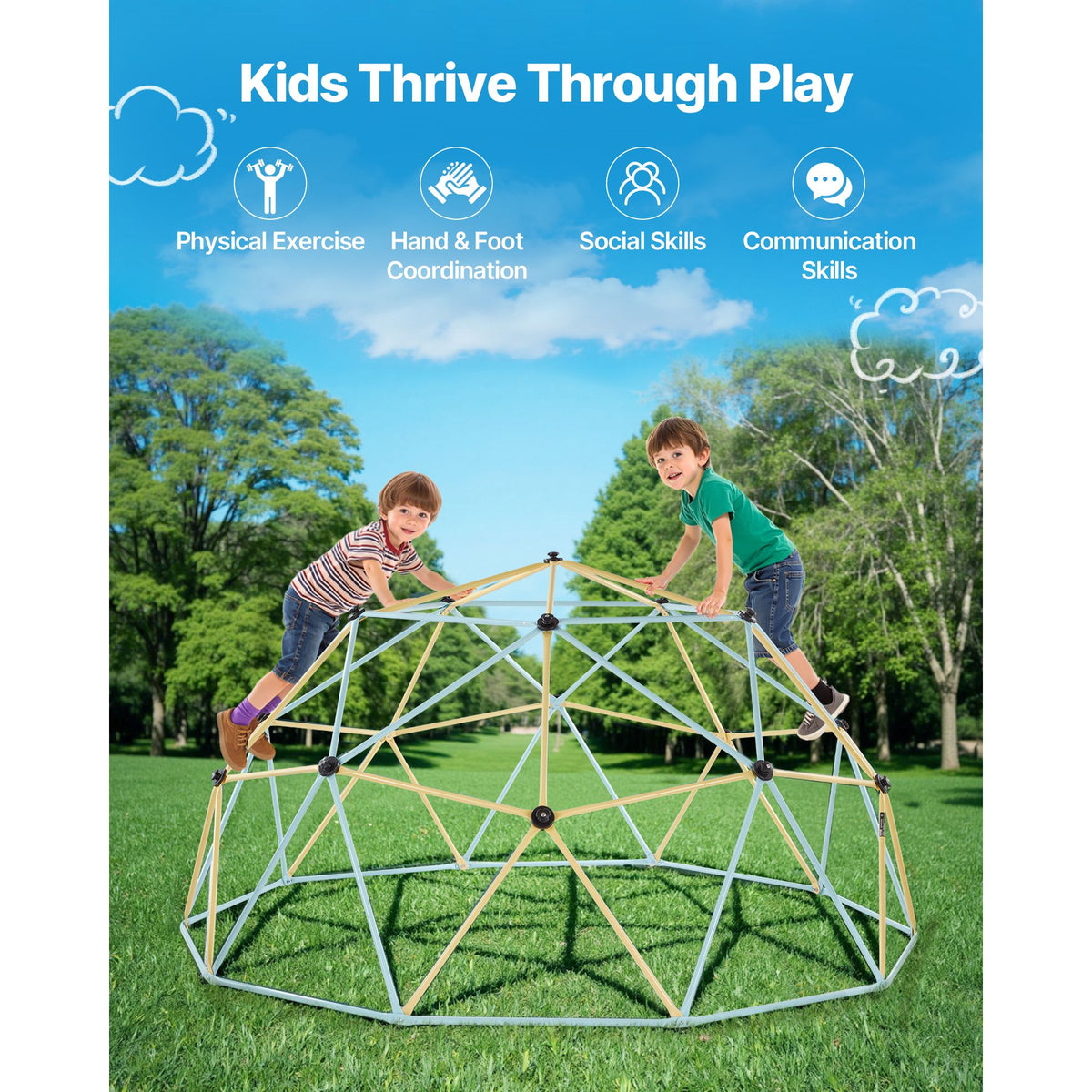 Climbing Dome, 305cm Geometric Dome Climber, 453kg Loading Jungle Gym Playground with 2 Basketballs & Octopus Net, Easy-Assembly Outdoor Backyard Climbing Equipment for Kids 3 to 10 Years Old