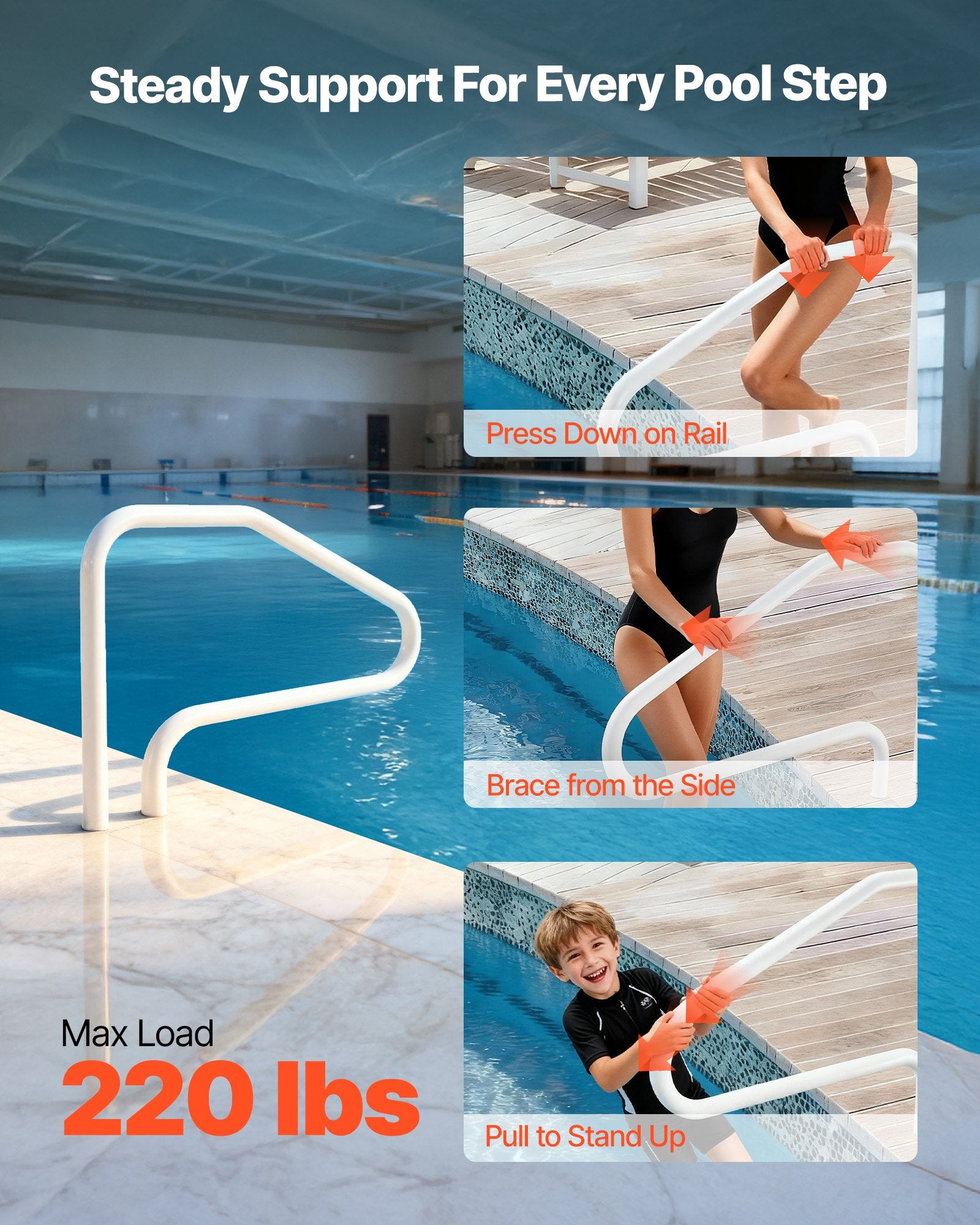 Swimming Pools: VEVOR Pool Rail, 122 x 81.3 cm Pool Handrail, 100kg Load Capacity Heavy Duty Stainless Steel Swimming Handrail, Seamless Welding, Recessed or Base Mount, for Poolside, Water Parks, Spa Centers