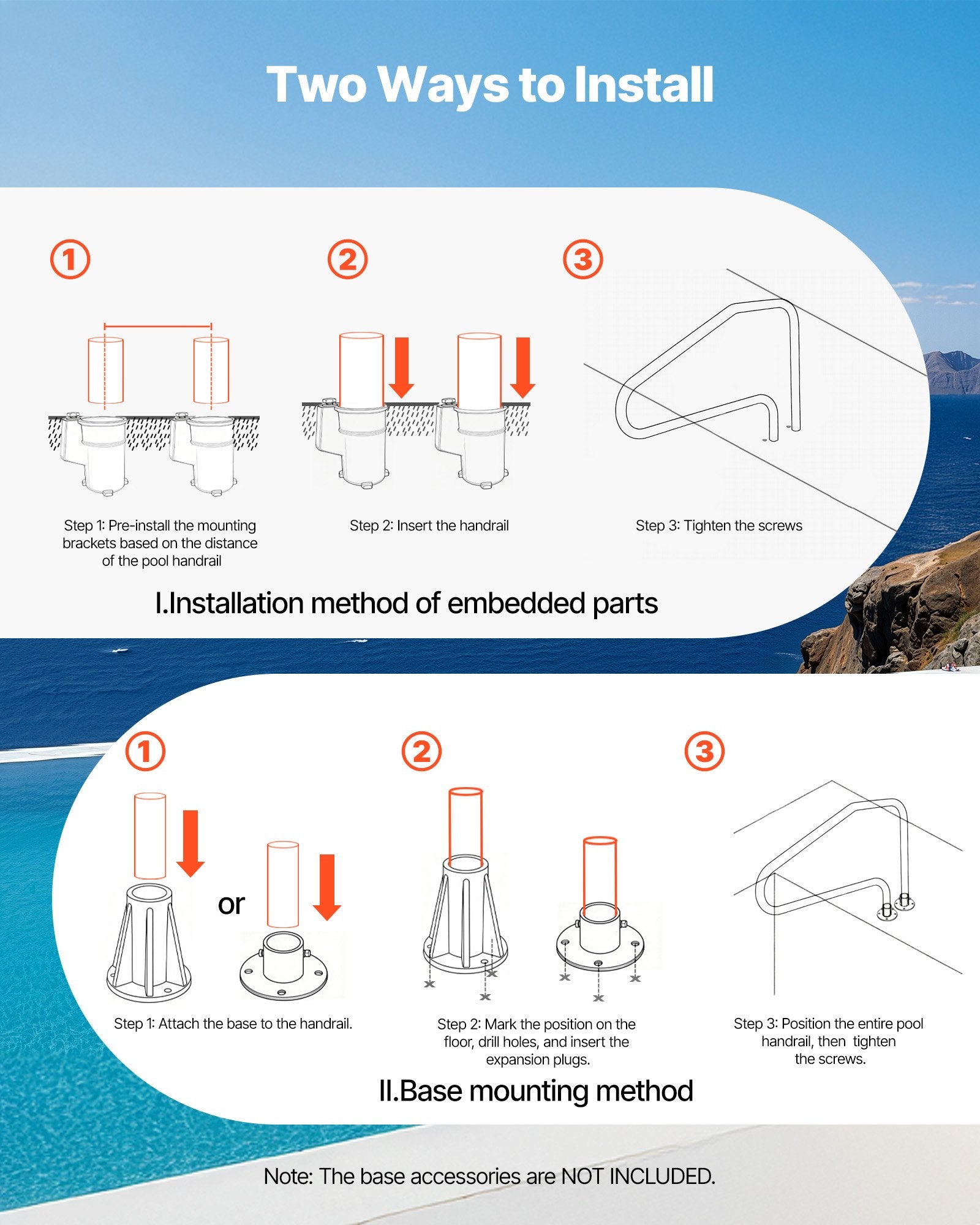 Swimming Pools: VEVOR Pool Rail, 122 x 81.3 cm Pool Handrail, 100kg Load Capacity Heavy Duty Stainless Steel Swimming Handrail, Seamless Welding, Recessed or Base Mount, for Poolside, Water Parks, Spa Centers