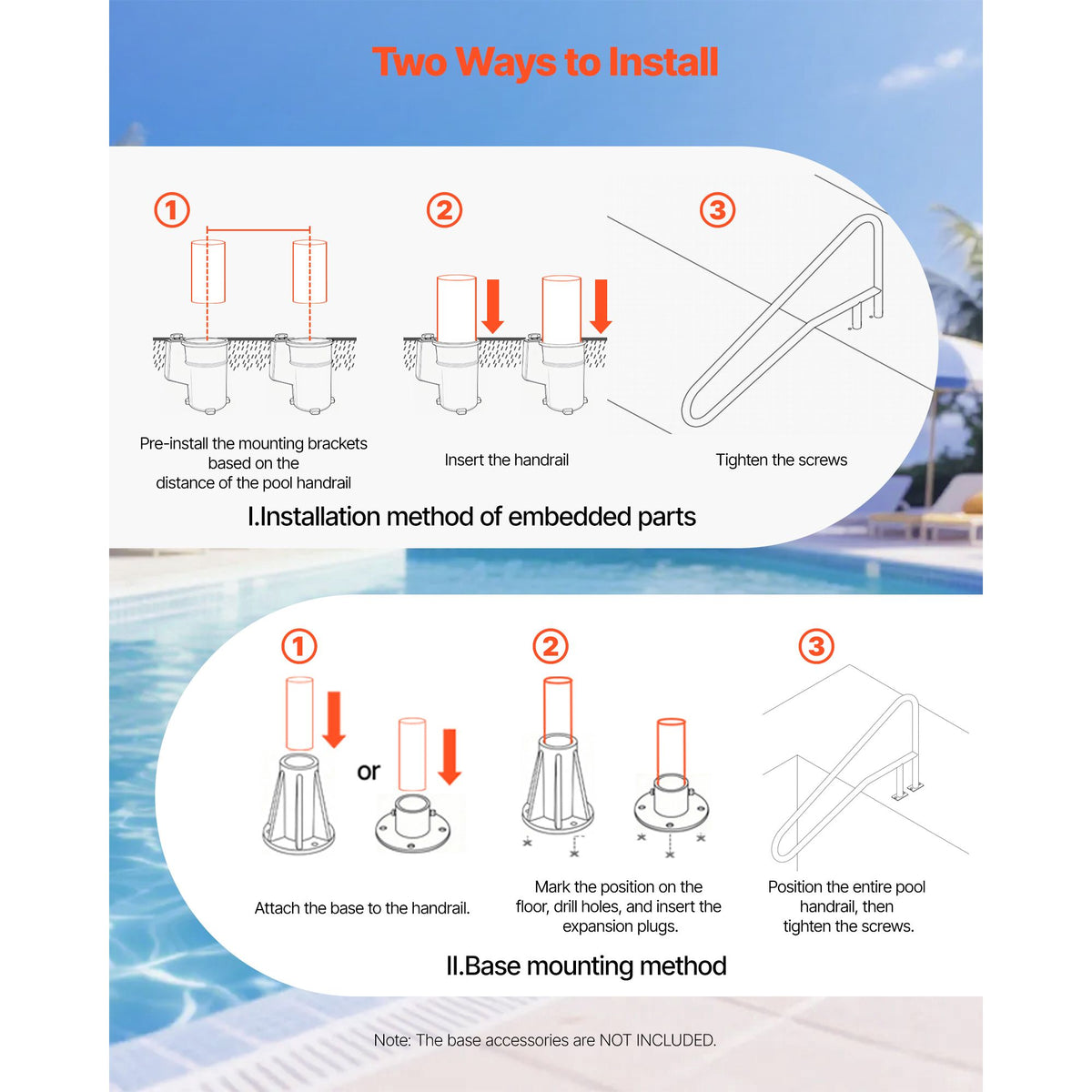 Pool Rail, 137.1 x 81.3 cm Pool Handrail, 100kg Load Capacity Heavy Duty Stainless Steel Swimming Handrail, Seamless Welding, Recessed or Base Mount, for Poolside, Water Parks, Spa Centers