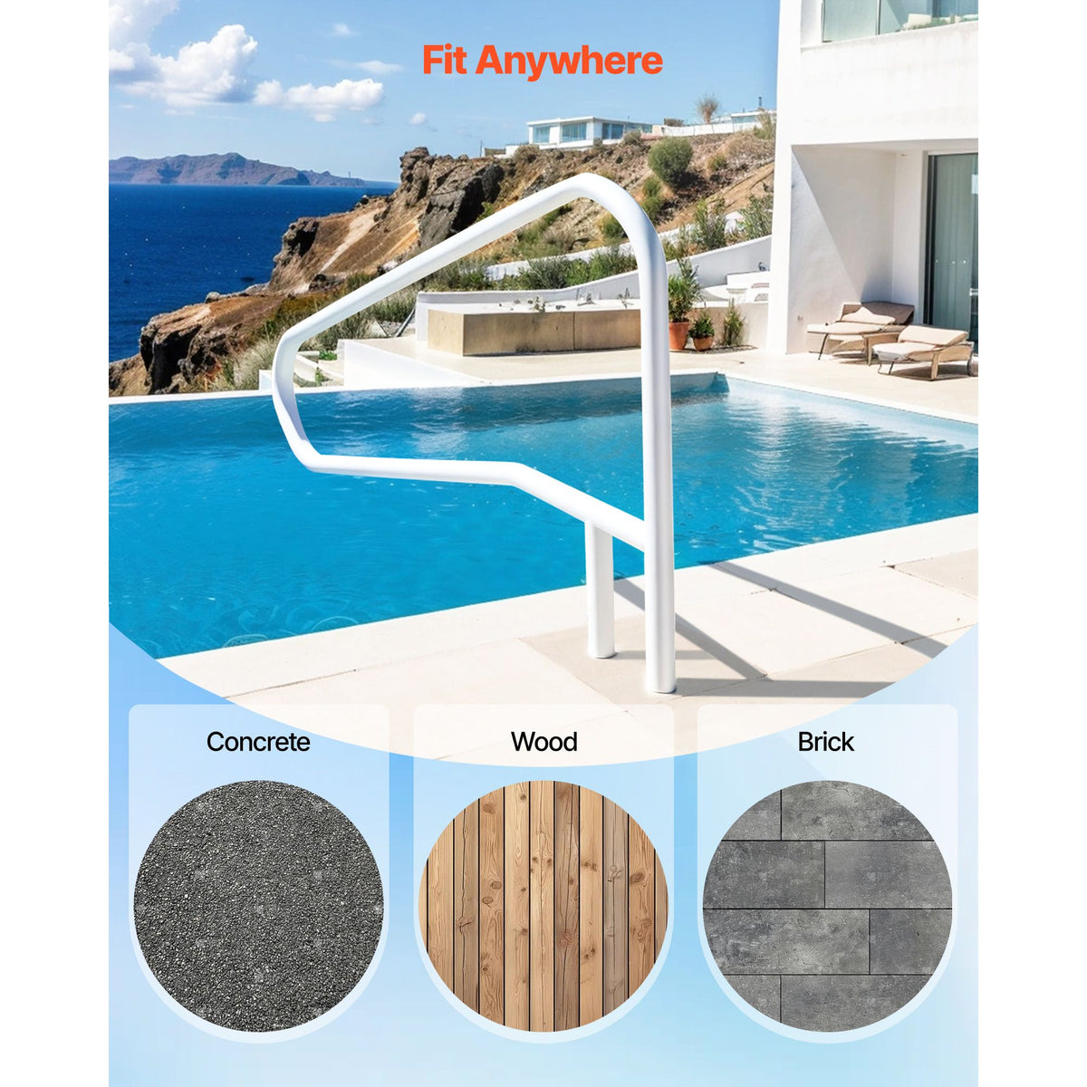 Pool Rail, 137.1 x 81.3 cm Pool Handrail, 100kg Load Capacity Heavy Duty Stainless Steel Swimming Handrail, Seamless Welding, Recessed or Base Mount, for Poolside, Water Parks, Spa Centers