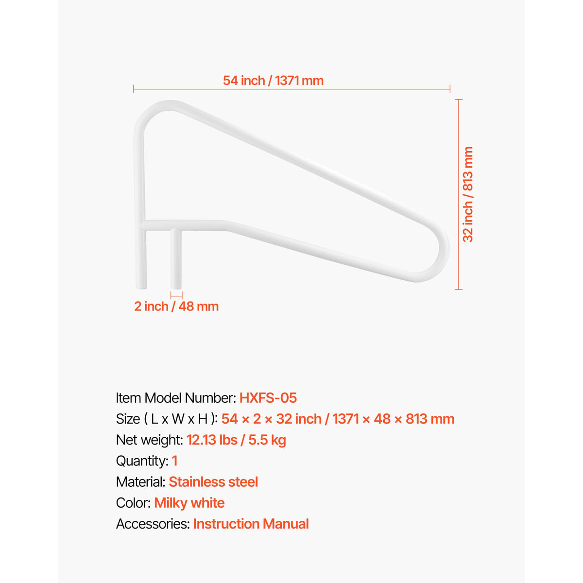 Pool Rail, 137.1 x 81.3 cm Pool Handrail, 100kg Load Capacity Heavy Duty Stainless Steel Swimming Handrail, Seamless Welding, Recessed or Base Mount, for Poolside, Water Parks, Spa Centers