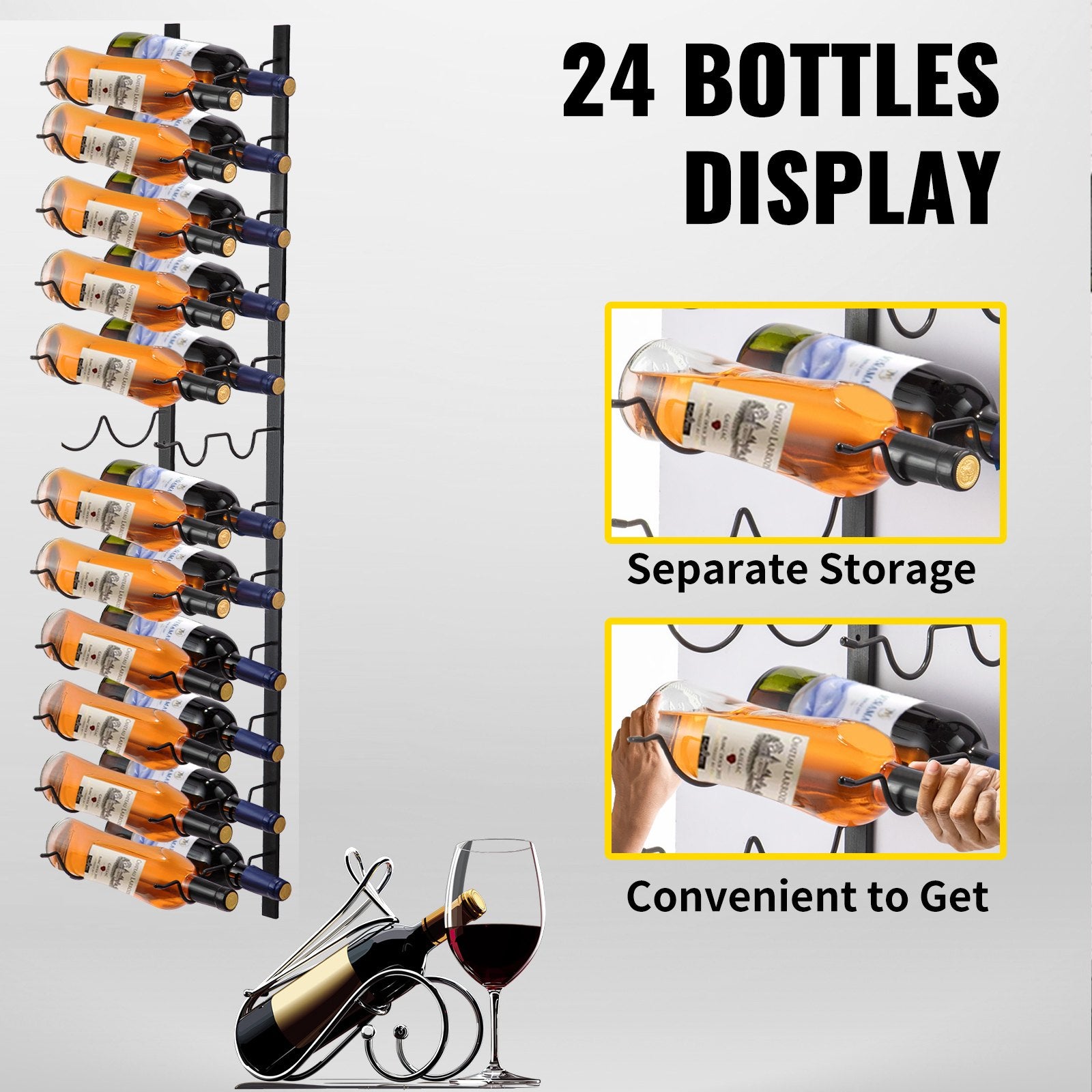 Wine Racks: VEVOR Wall Mounted Wine Rack, 12x2 Bottles Wine Holder Towel Rack, Black Steel Vertical Wine Rack, Modern Decorative Wall Mounted Wine Bottle Holder, Forward Design Simple Storage Wall Rack 48x11x1 In