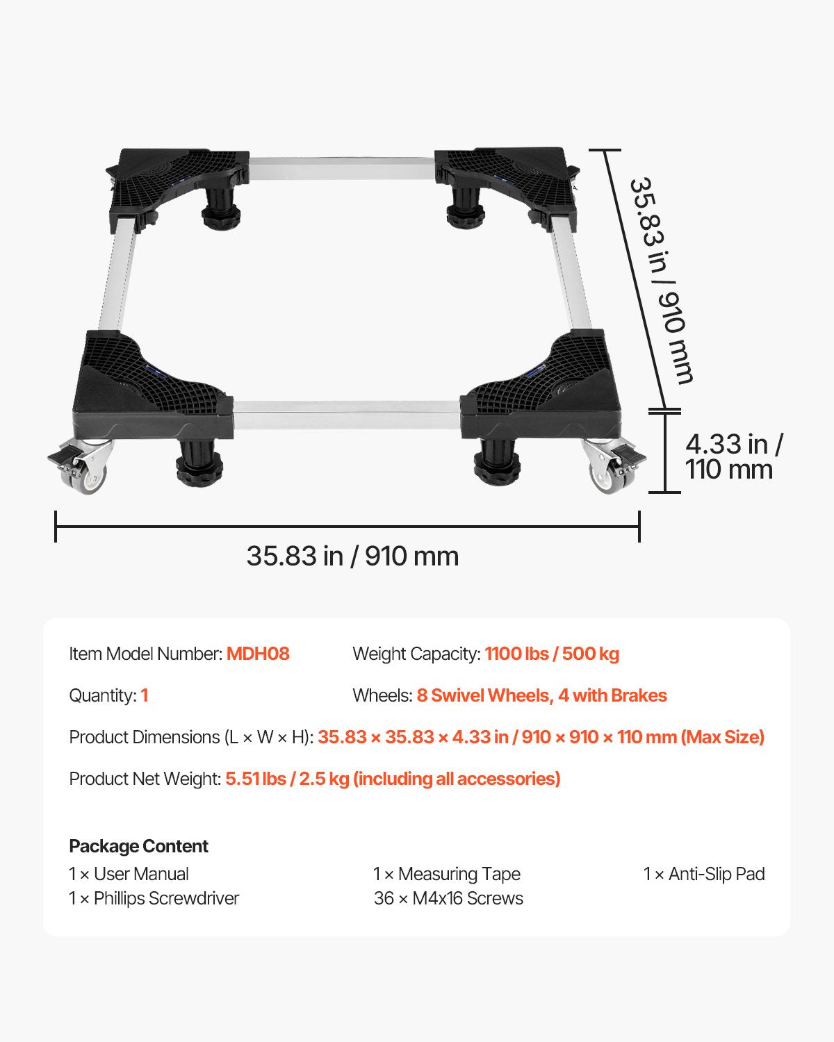 Basketball & Basketball Accessories: VEVOR Fridge Stand Mobile Base, 1100 lbs Load Capacity, Washing Machine Stand with 8 Locking Twin Wheels and 4 Brakes, 27.5 -35.4 Inches Adjustable Furniture Dolly for Washer, Refrigerator and Dryer