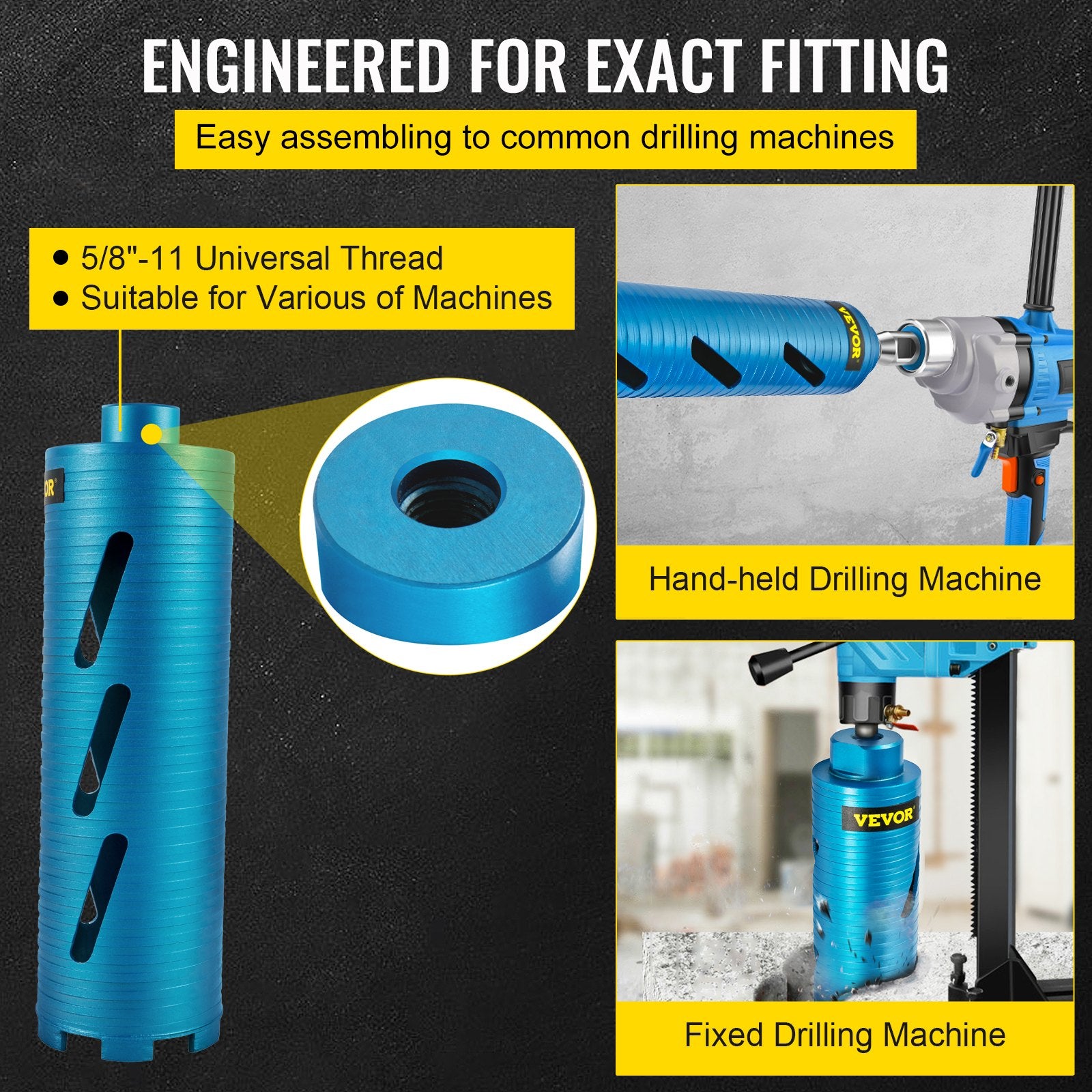 Saw Accessories: VEVOR Dry Core Drill Bit,  88.9 mm Diameter 11 Threaded, 241.3mm Depth Diamond Coring Bore Tool with a Pilot Bit &  Blade, Masonry Hole Saw Bits for Hard Concrete Brick
