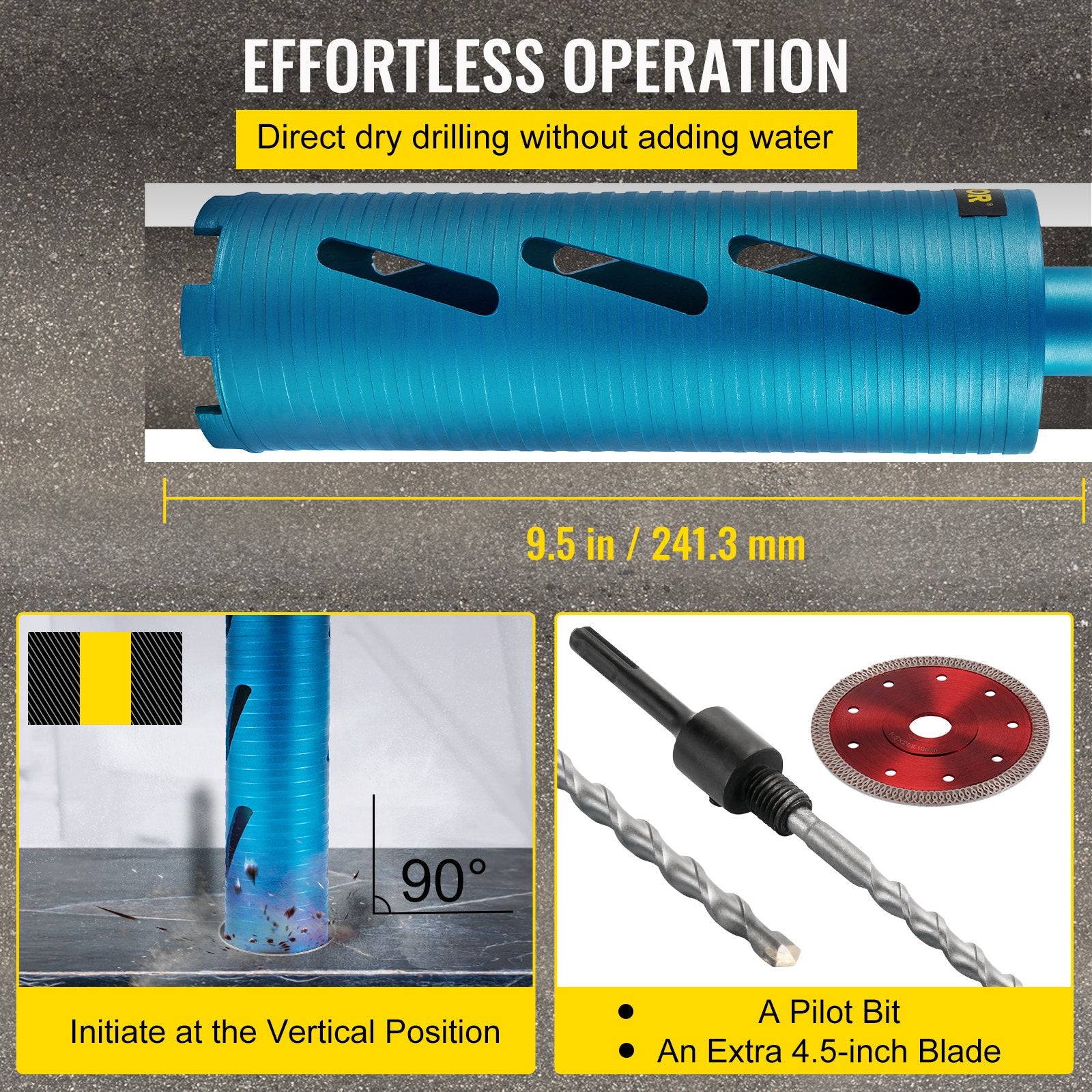 Saw Accessories: VEVOR Dry Core Drill Bit,  88.9 mm Diameter 11 Threaded, 241.3mm Depth Diamond Coring Bore Tool with a Pilot Bit &  Blade, Masonry Hole Saw Bits for Hard Concrete Brick