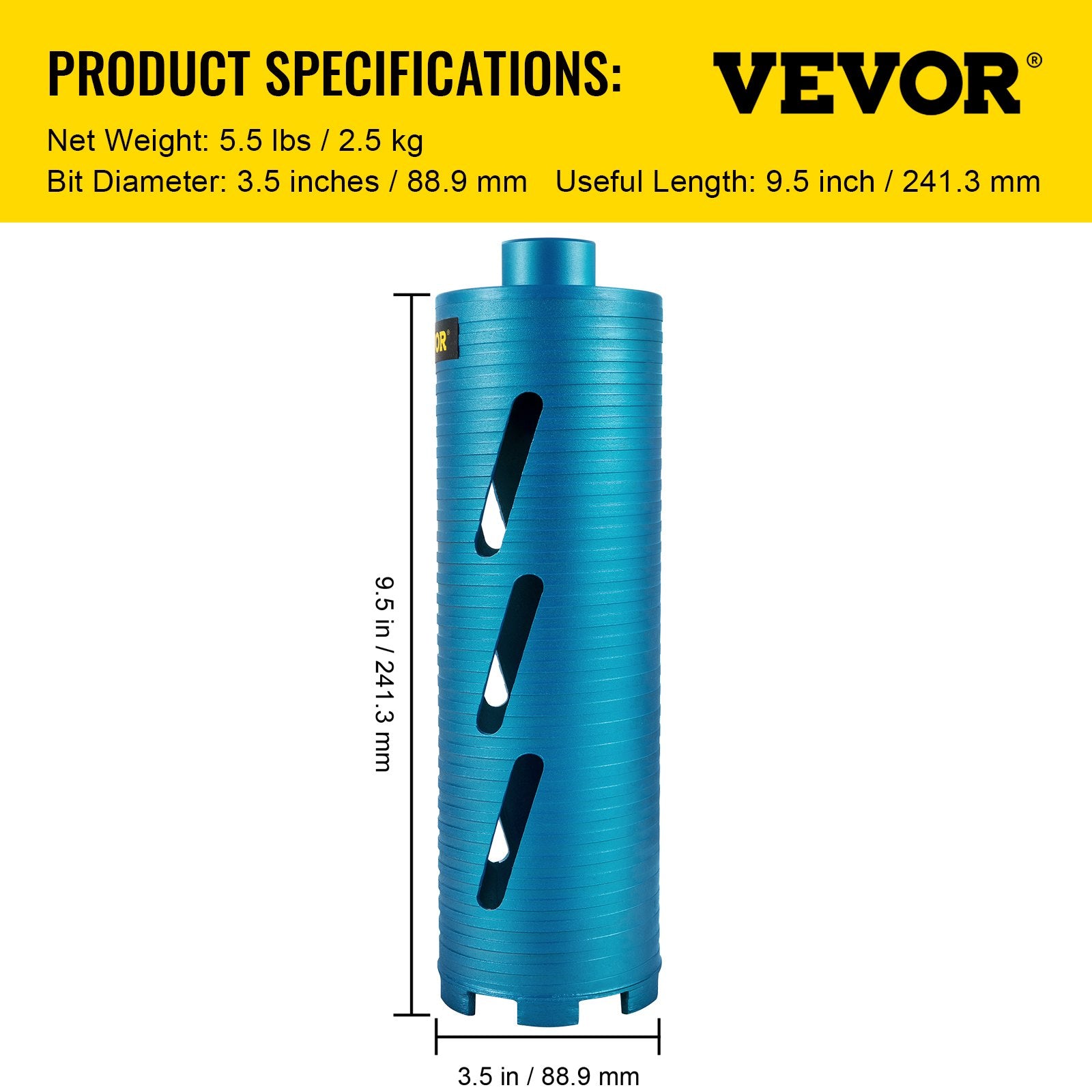 Saw Accessories: VEVOR Dry Core Drill Bit,  88.9 mm Diameter 11 Threaded, 241.3mm Depth Diamond Coring Bore Tool with a Pilot Bit &  Blade, Masonry Hole Saw Bits for Hard Concrete Brick
